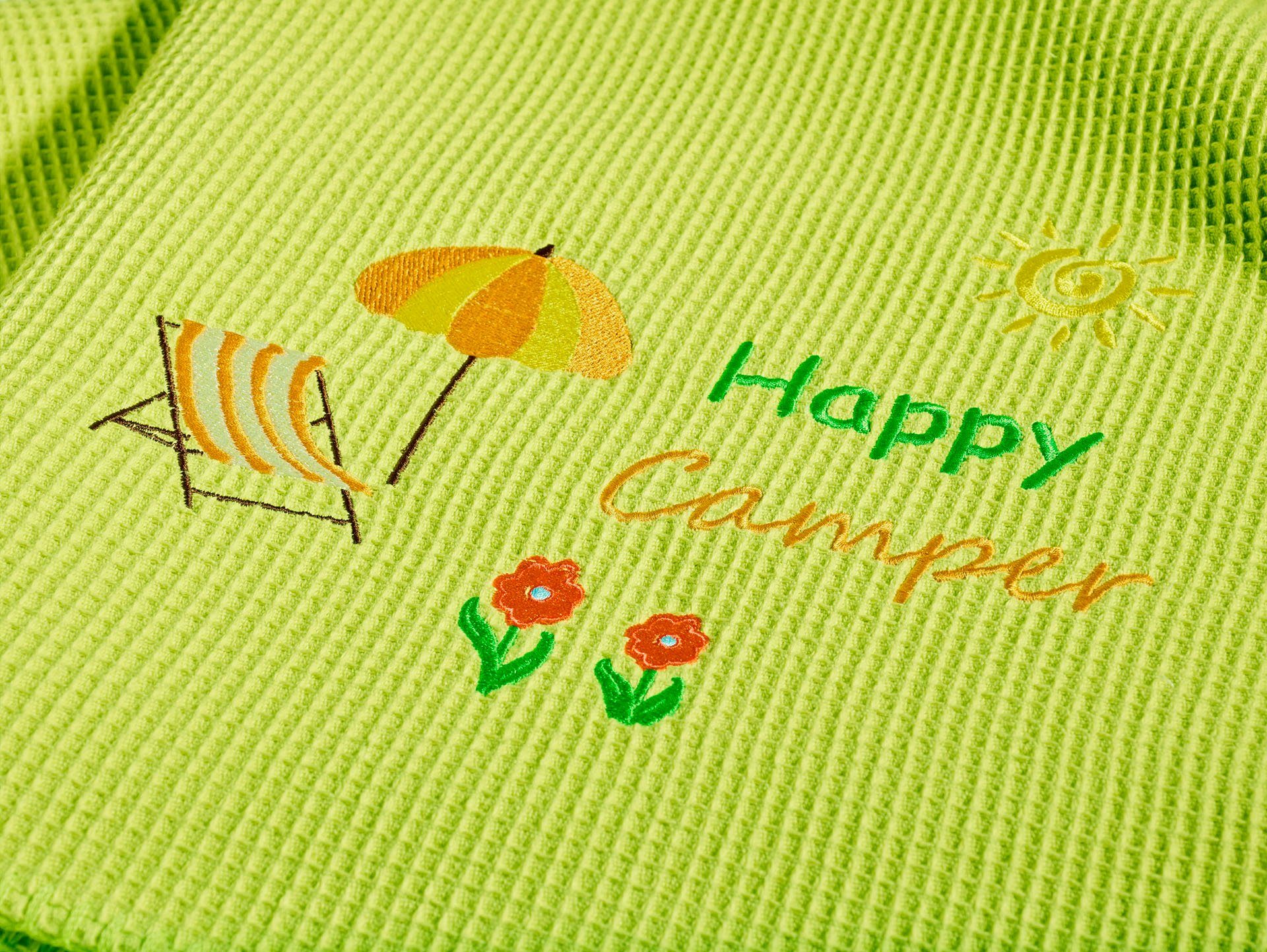 Wohndecke Happy Camper, apfelgrün Kneer, geketteltem Baumwolle, Zierstich, Schriftzug