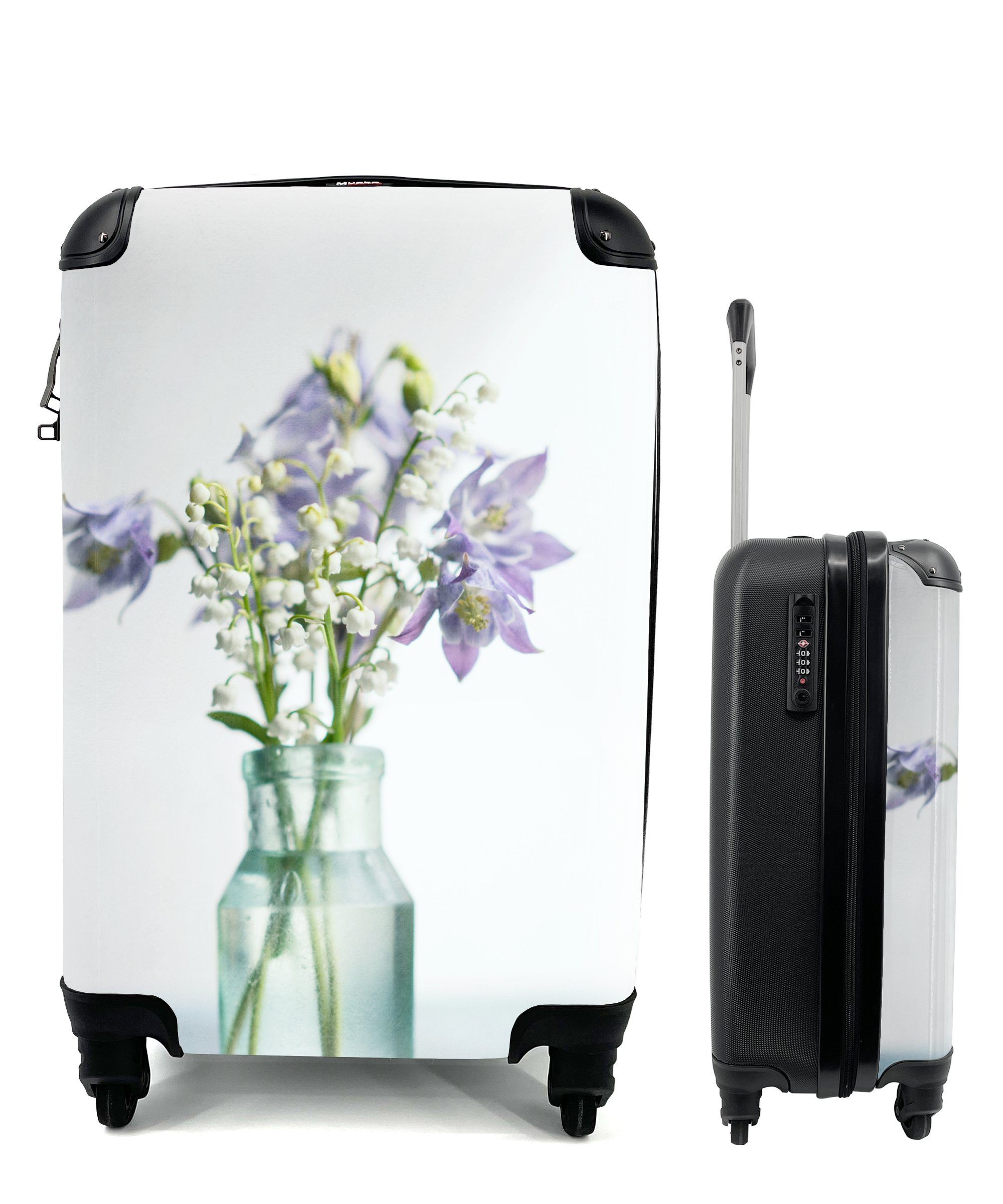 MuchoWow Handgepäckkoffer Ein violettfarbenes Maiglöckchen in einer Vase, 4 Rollen, Reisetasche mit rollen, Handgepäck für Ferien, Trolley, Reisekoffer