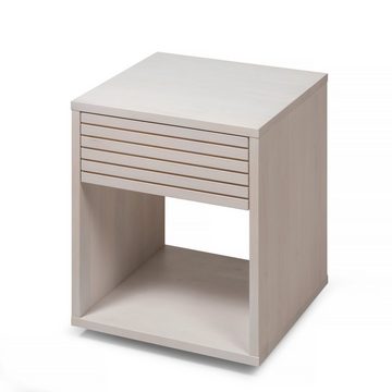 Woodek Design Nachttisch EMMA, kompakter und stilvoller Nachtschrank mit Schublade (Ablagetisch aus weißer Birke, 1-St., Griffloser Bettgestelltisch), Design Nachtkonsole mit Regal