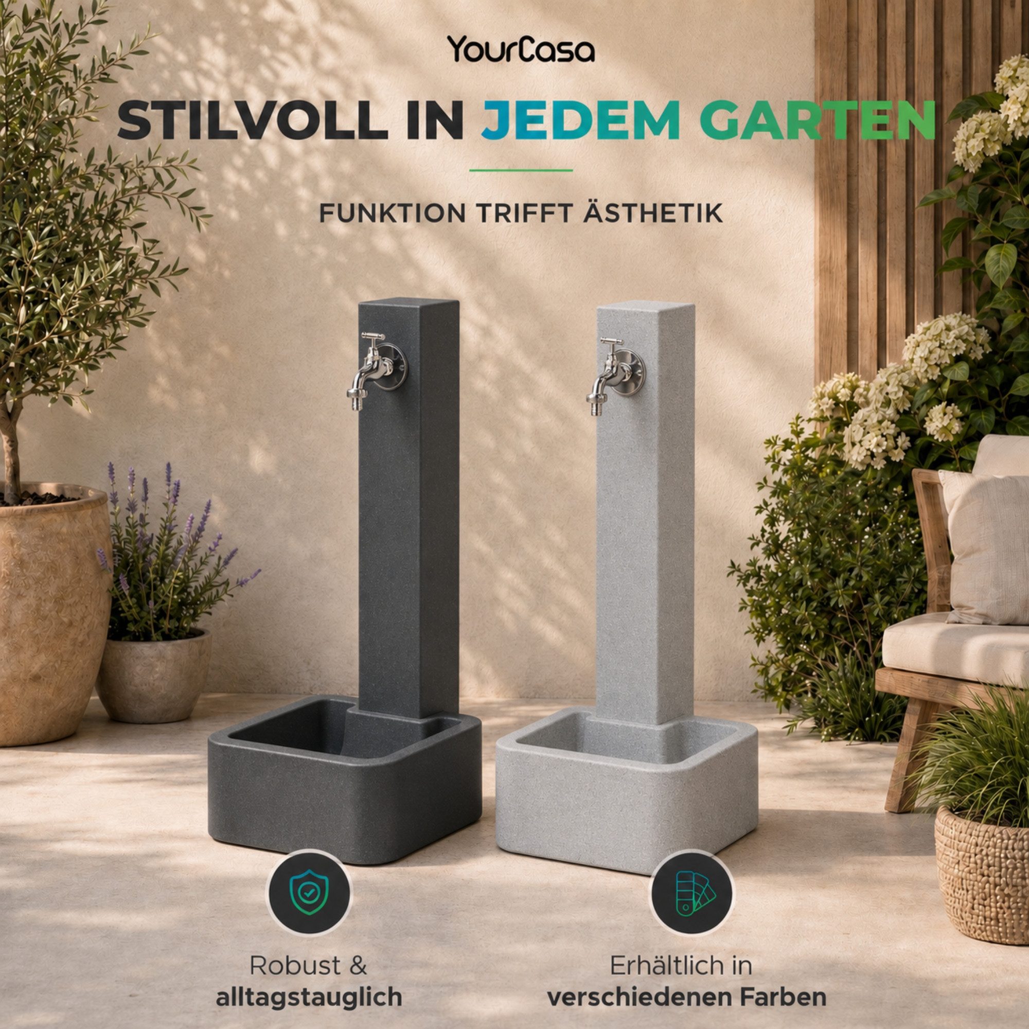 YourCasa Gartenbrunnen Rivano Wassersaüle Garten mit Auffangbecken 96cm Steinoptik, Auffangbecken, verchromter Wasserhahn