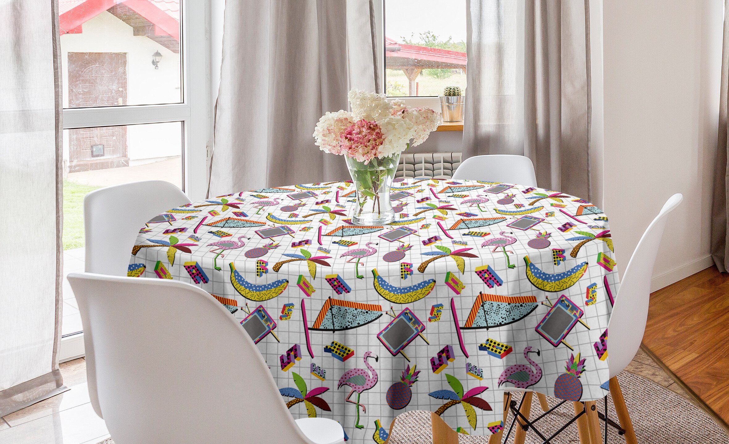 Abakuhaus Tischdecke Kreis Tischdecke Abdeckung für Esszimmer Küche Dekoration, Flamingo 80er Memphis Bunte