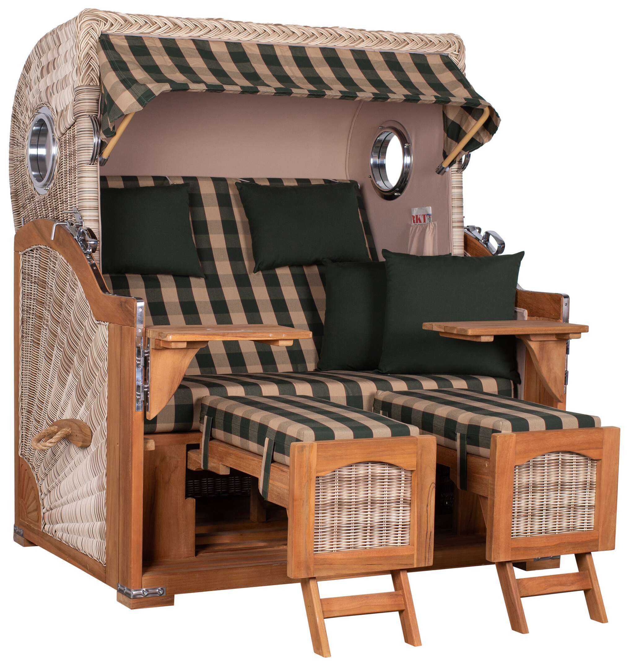 MR.DEKO Strandkorb XL Düne Grande wetterfest Teak PE Shell 2,5 Sitzer mit Bullauge, BxTxH: 142x95x170 cm, Volllieger, Düne, (Fertig montierter Strandkorb für Garten, Terrasse & Balkon), Wetterfester Volllieger mit Edelstahlbeschlägen & waschbaren Polstern