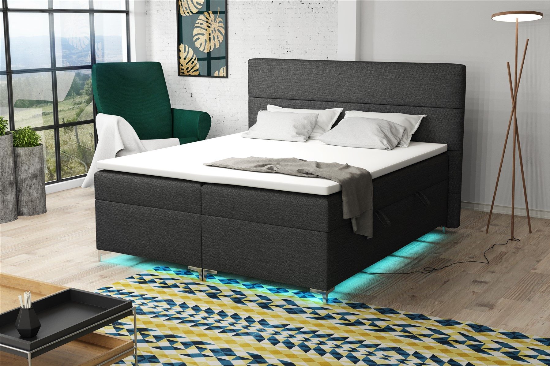 Fun Möbel Boxbett Schlafzimmerbett CANELA inkl. LED-Beleuchtung (In 5 verschiedenen Stoffen, Inkl. Topper), Inkl. Bettkasten