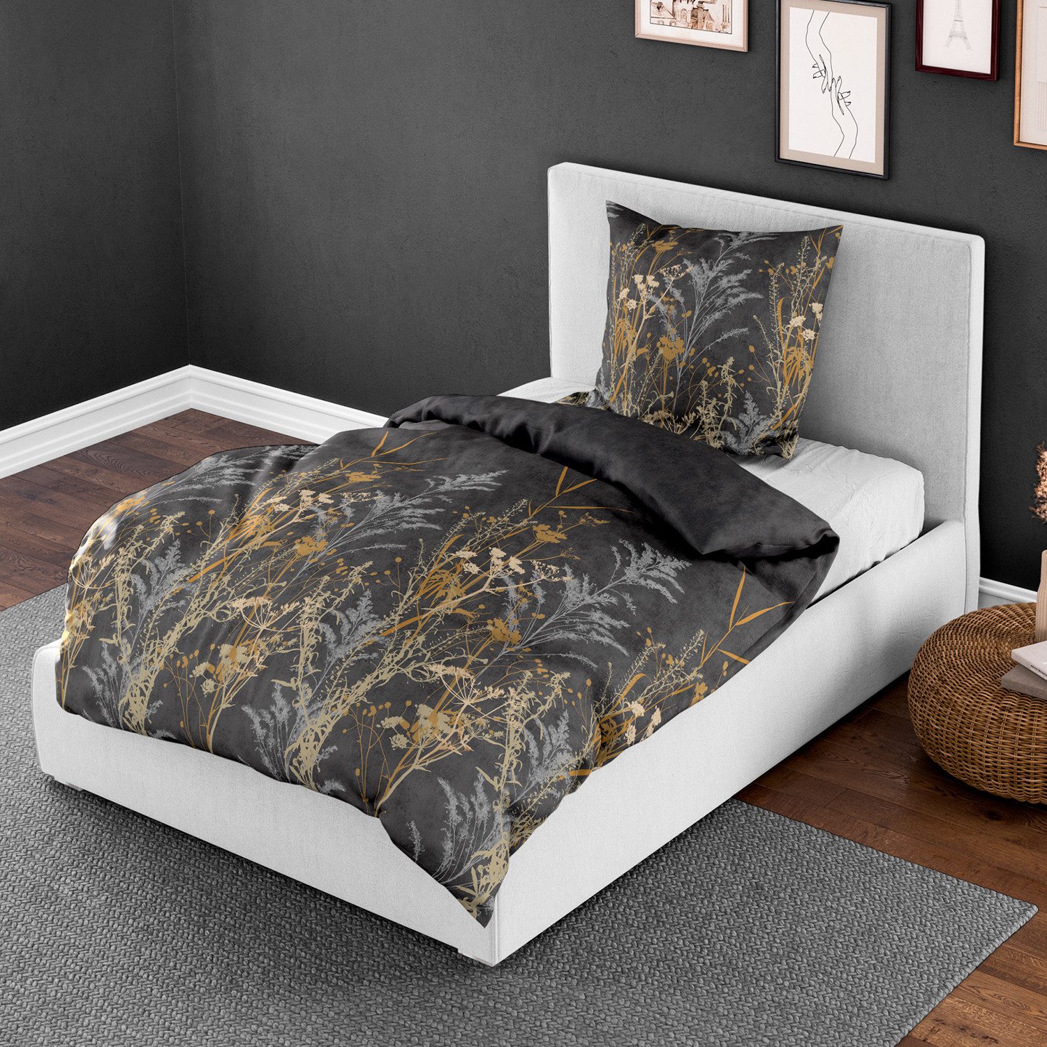BIERBAUM Bettwäsche Bettwäsche Bierbaum Mako Satin 4042-10 grafit gold Gräser 135x200, Mako Satin, 2 teilig