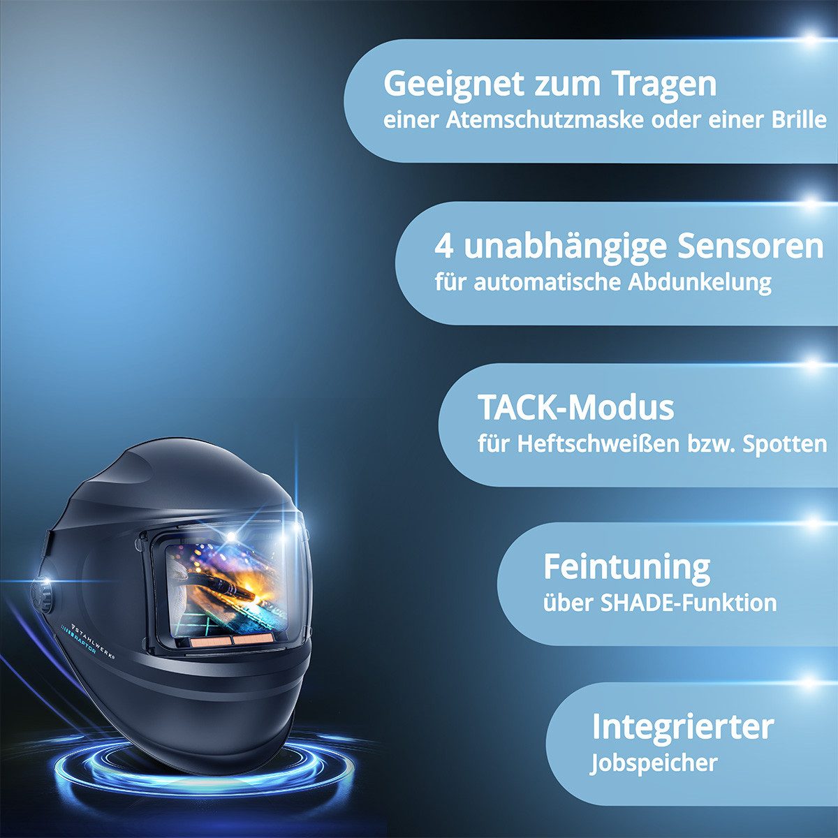 STAHLWERK Schweißhelm Automatik-Schweißhelm RAPTOR 3-in-1 Schweißermaske (Set, 1-tlg., Set), True-Colour-Echtfarbwiedergabe