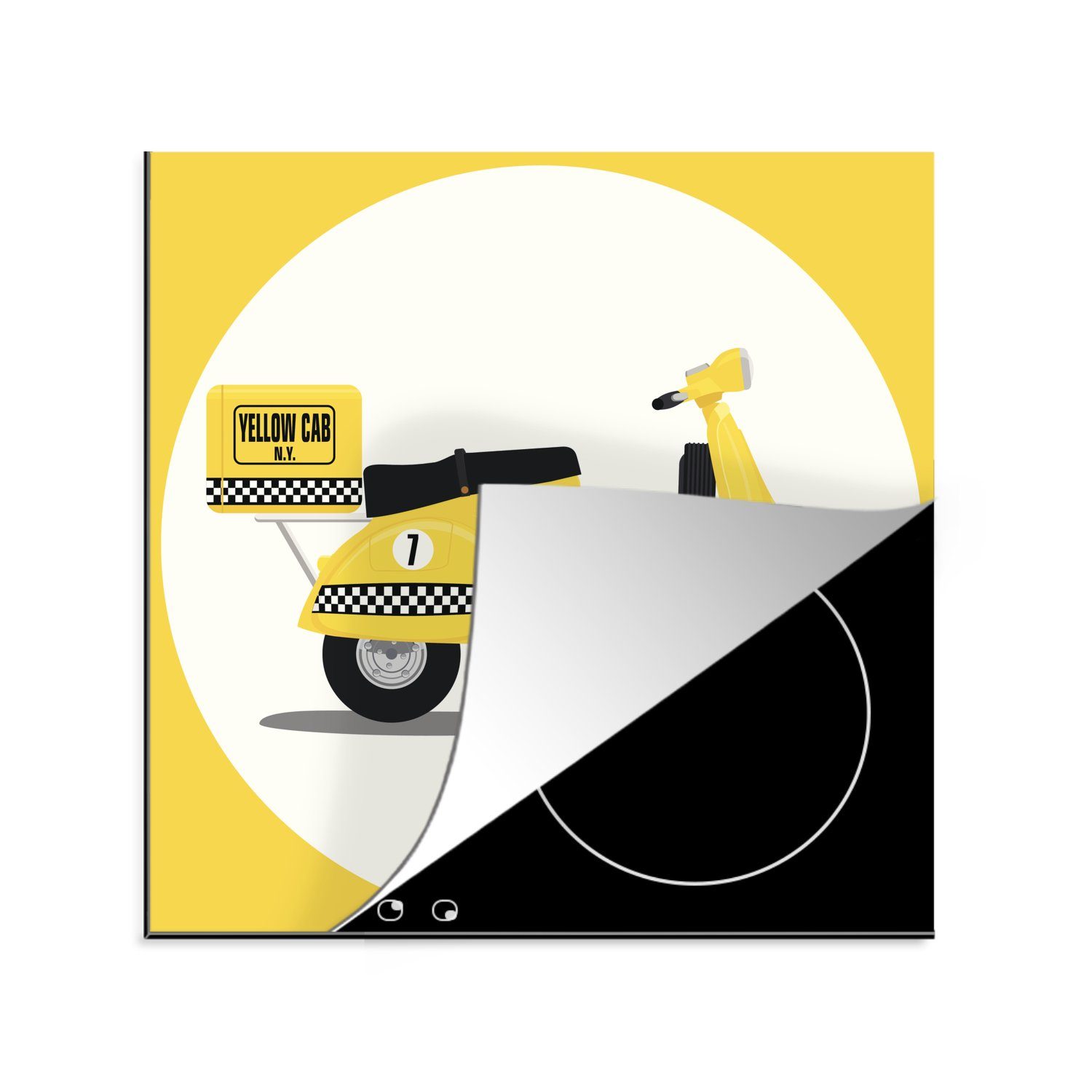 MuchoWow Herdblende-/Abdeckplatte Illustration einer Vespa als Taxi, Vinyl, (1 tlg), 78x78 cm, Ceranfeldabdeckung, Arbeitsplatte für küche