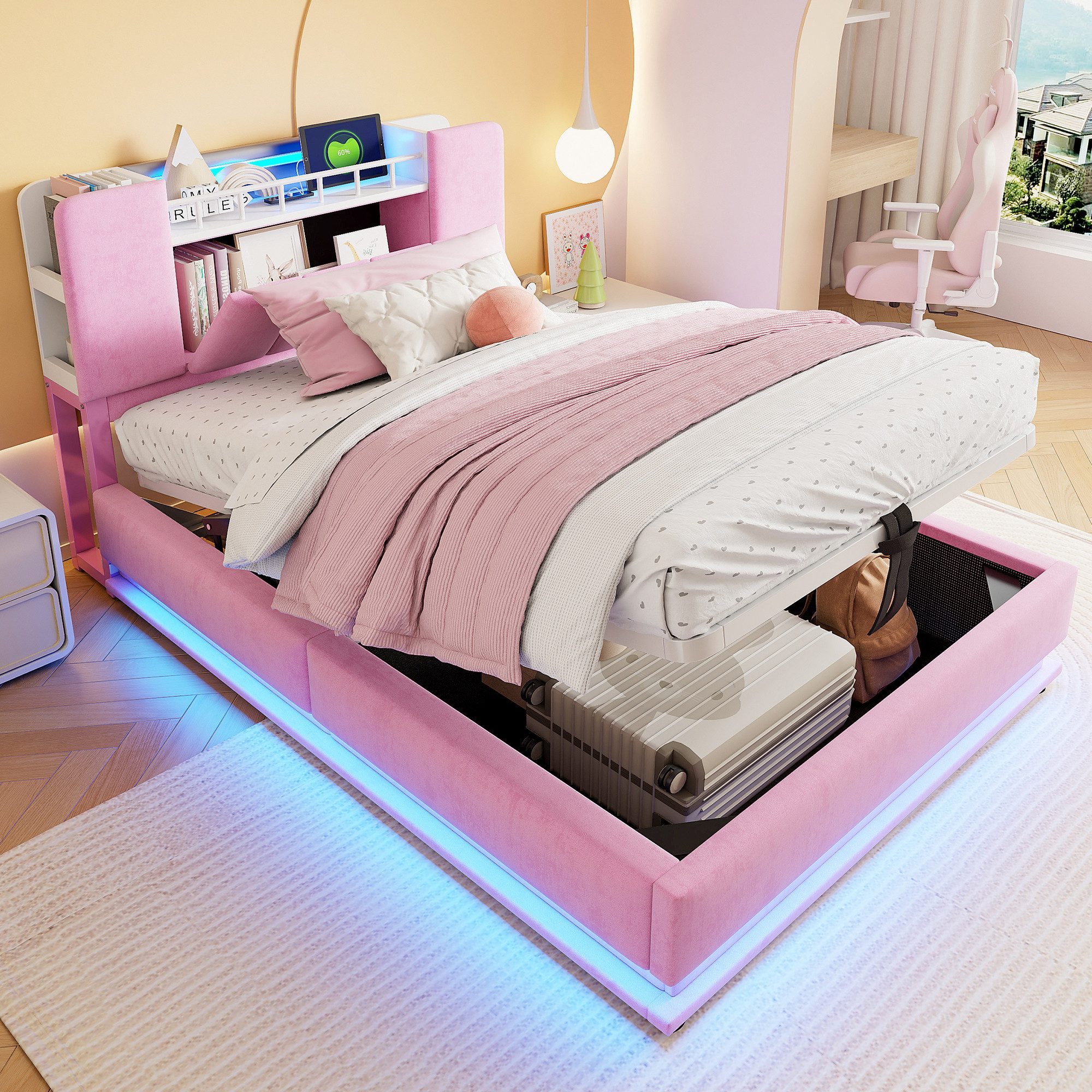 Merax Polsterbett mit LED-Beleuchtung und USB-Anschluss (Metalllattenrahmen & Samtbezug, 1-tlg., Kinderbett Einzelbett Mehrzweckbett Stauraumbett), Jugendbett 9 – Bild 4 von 5