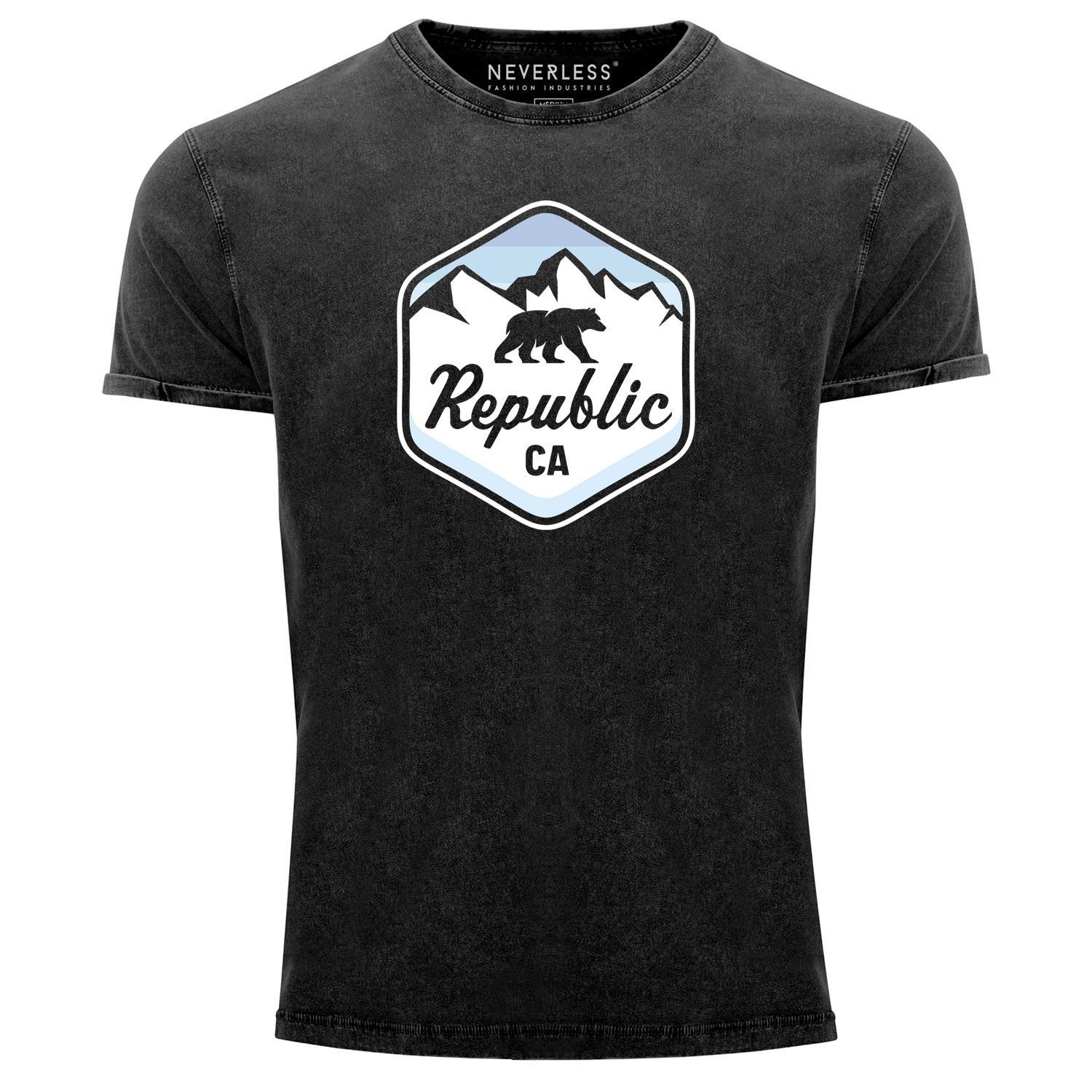 Neverless Print-Shirt Herren Vintage Shirt Republic California Bär Berge Wappen Logo Printshirt T-Shirt Aufdruck Used Look Neverless® mit Print