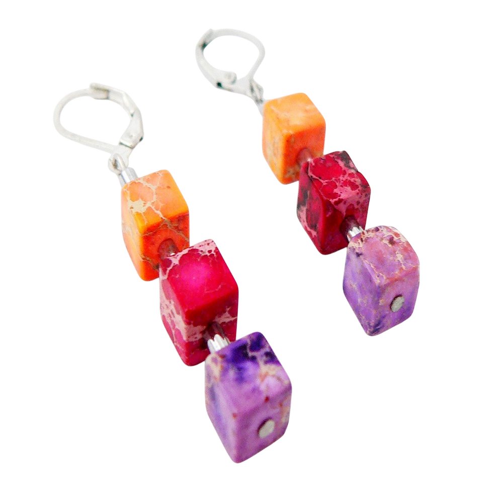 traumschmuck Paar Ohrhänger 213n-o Ohrhänger Edelstein Impressions JASPIS Würfel lila, orange, rot (Geschenk, Muttertag, Weihnachten, Geburtstag, Valentinstag, inkl. Schmuckbox), handgefertigt