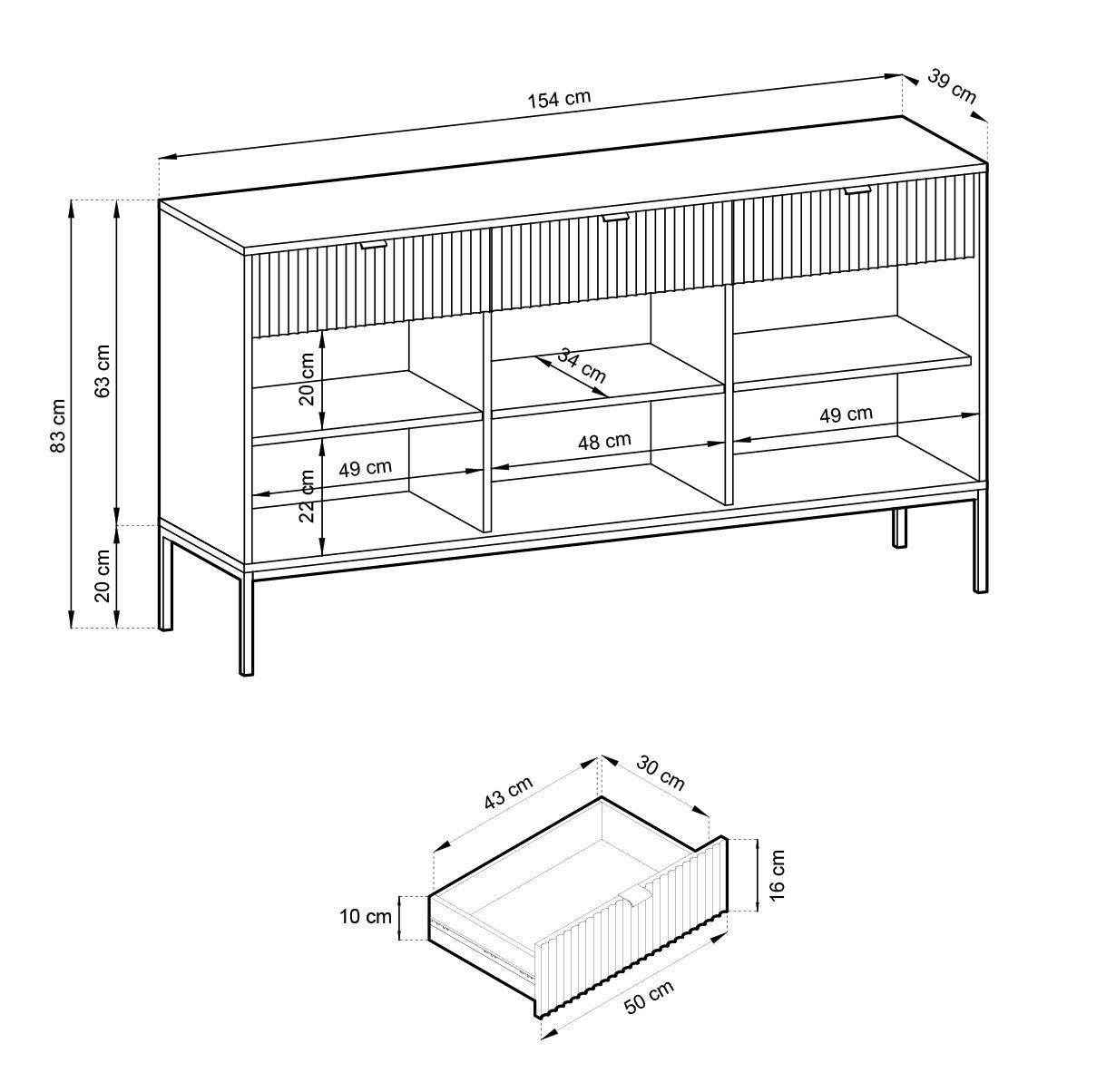 Feldmann-Wohnen Sideboard Nova (3-türig, 3 Einlegeböden, 3 Eimlegeböden, 3 Schubladen, 1 St., moderner Optik, mit geriffelten Front, goldene Metallgriffe), 154cm grau 3-türig MDF