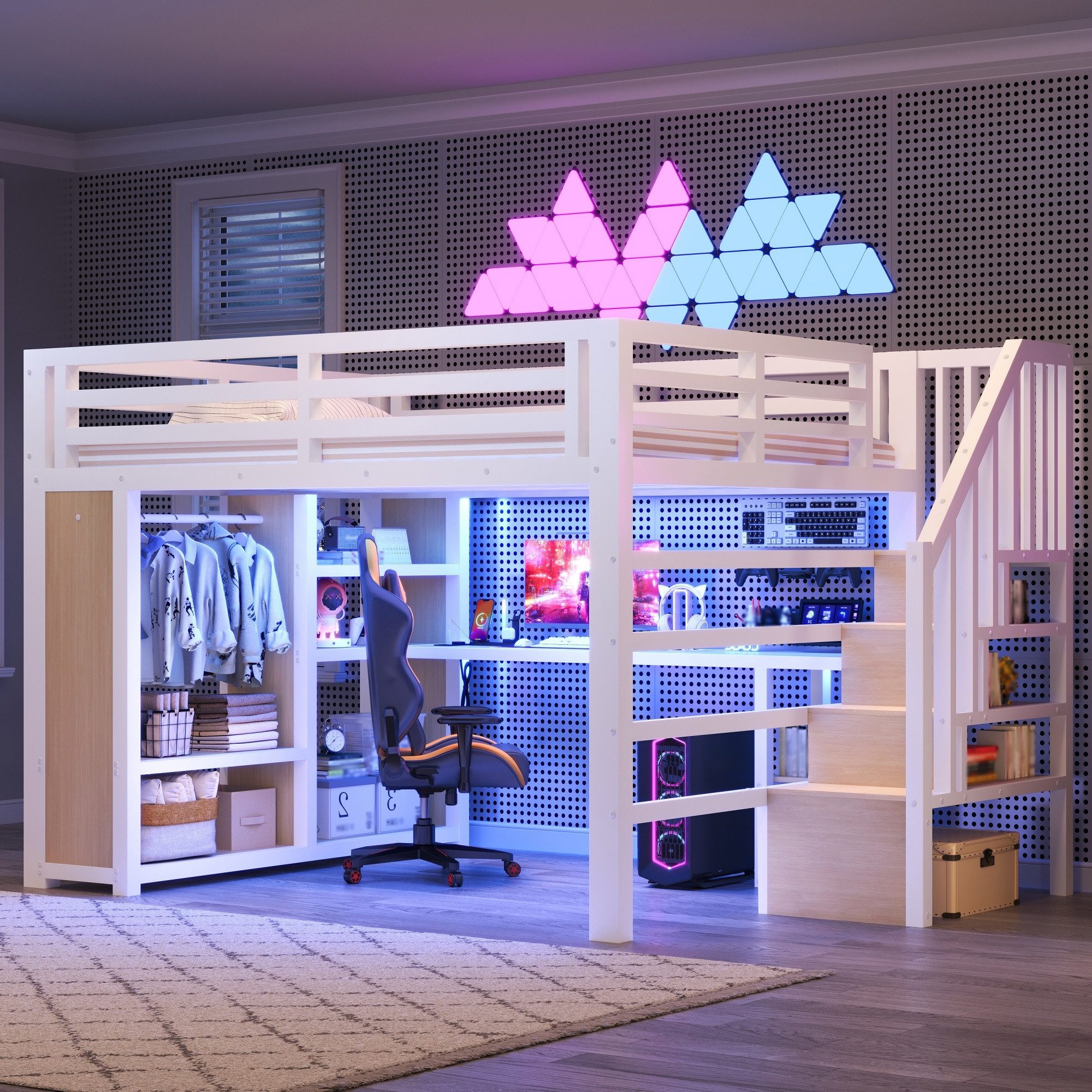 Merax Hochbett mit LED-Beleuchtung & USB-Anschluss (Kinderbett Jugendbett, 1-St) Metallbett 140x200cm mit Schreibtisch Kleiderschrank Treppe Stauraum