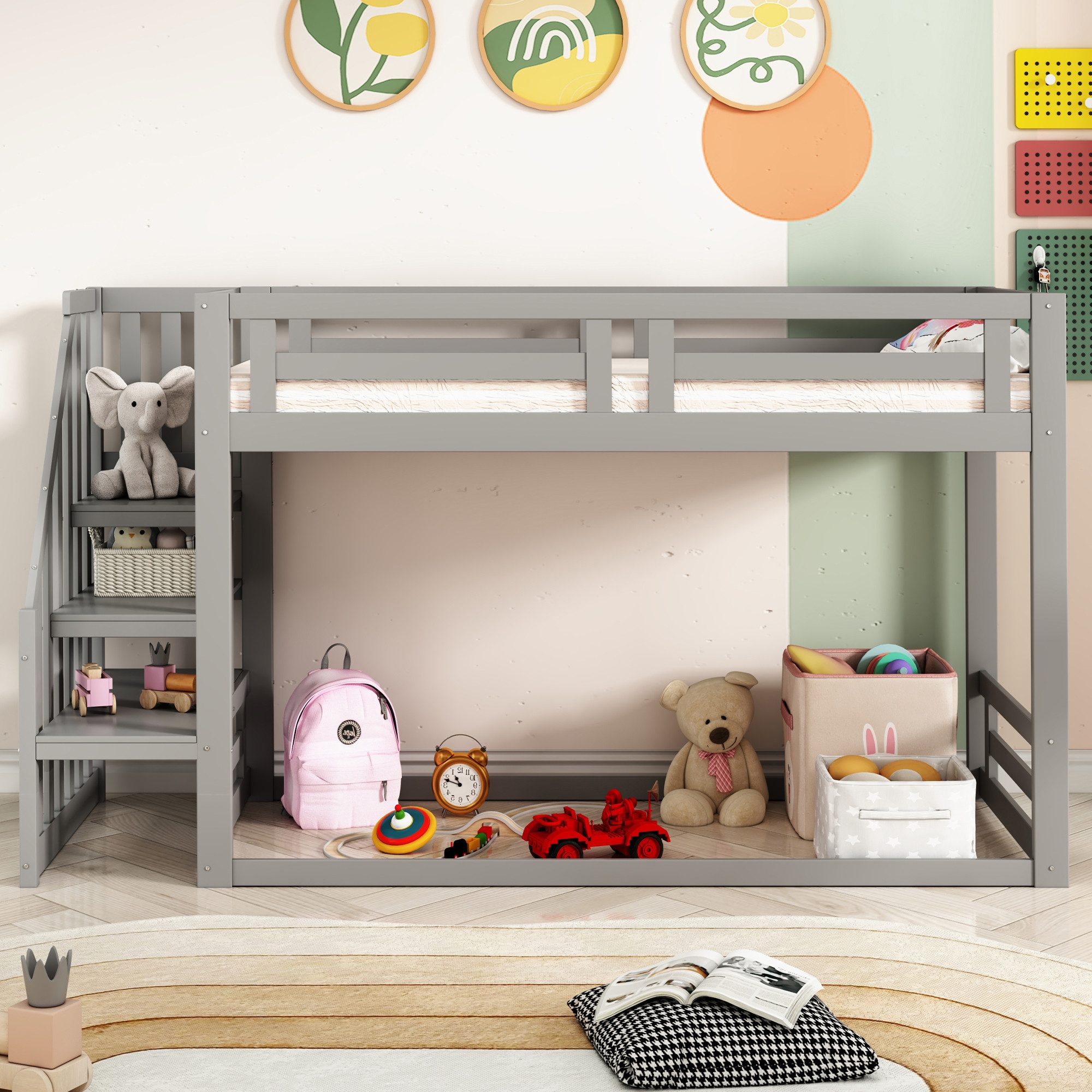 Merax Hochbett (1-St., Kieferholzbett Kinderbett) Etagenbett 90x200cm mit Sicherheitsleiter Stauraum Absturzsicherung