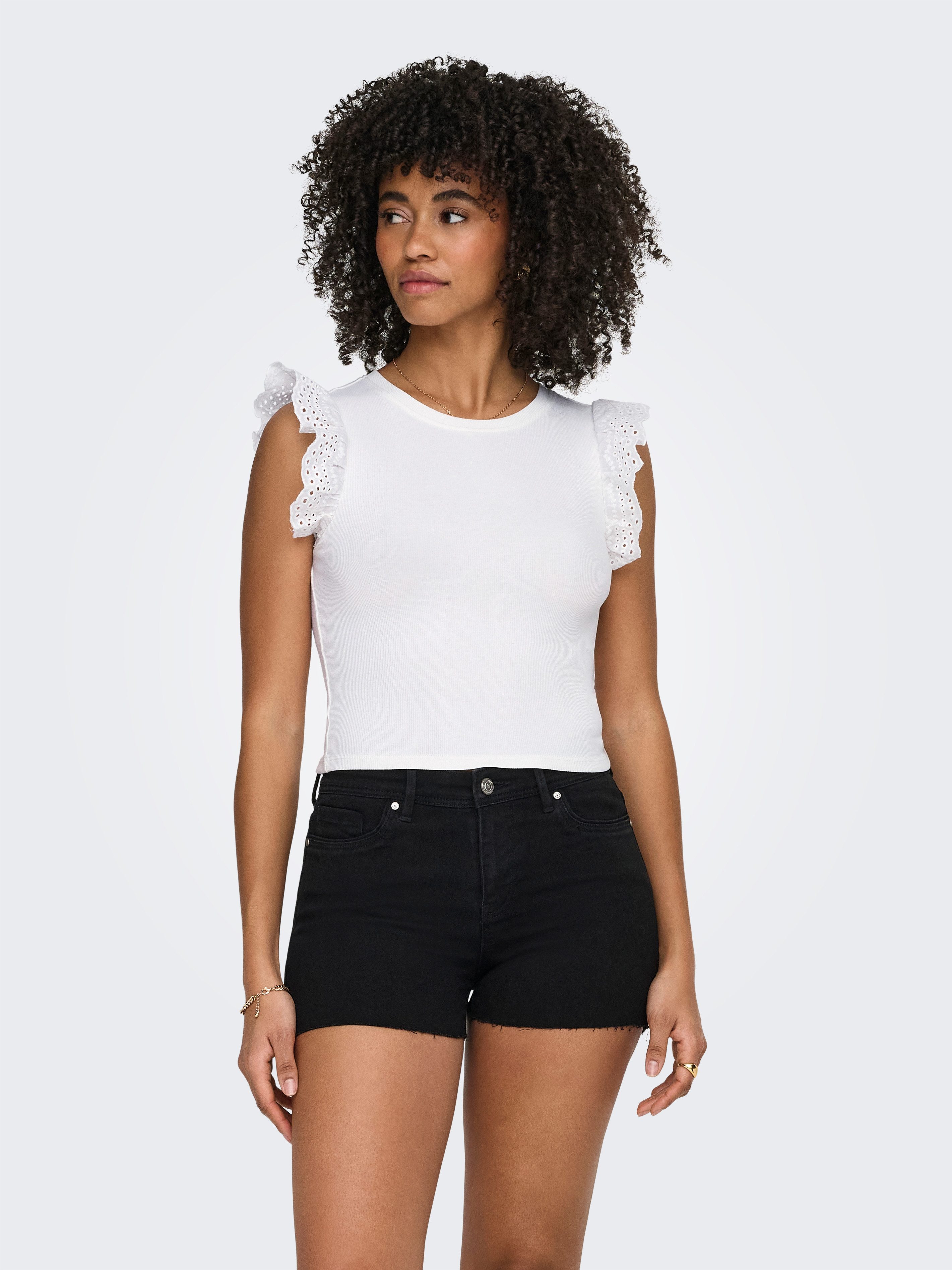 ONLY Rüschentop ONLMATHILDA S/L LACE DETAIL TOP JRS NOOS Baumwollmischung, regular fit, Rundhals