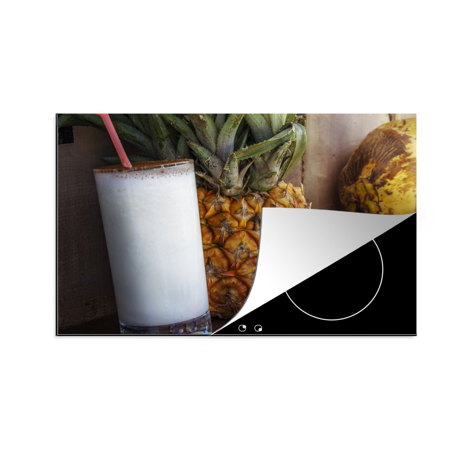 MuchoWow Herdblende-/Abdeckplatte Die Pina Colada steht neben einer frischen Ananas und einer Kokosnuss, Vinyl, (1 tlg), 81x52 cm, Induktionskochfeld Schutz für die küche, Ceranfeldabdeckung