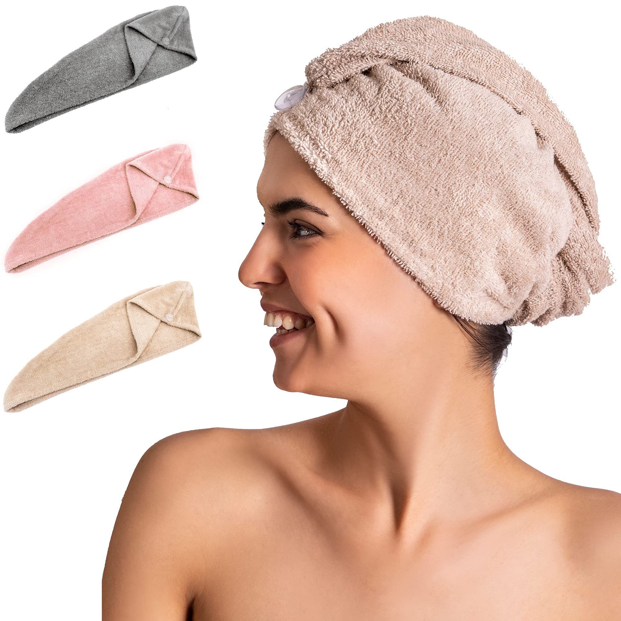 Komfortec Turban-Handtuch 3er Haarturban Set, 100% Baumwolle Turban, Frottier (3-St), mit Knopfverschluss Haare Handtuch (Anthrazit, Blütenrosa und Beige)