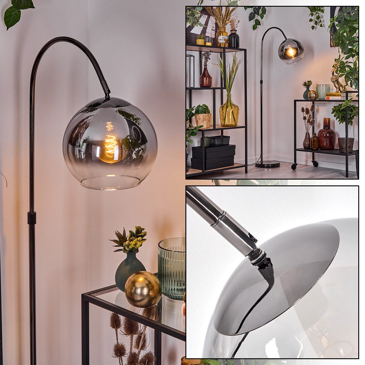 Stehlampe Stehlampe aus Metall/Glas in Schwarz/Chrom/Rauch/Klar im Retro-Design
