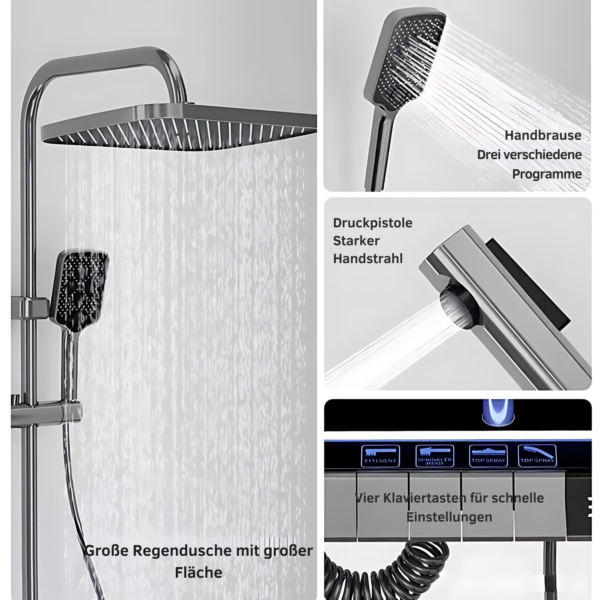 LuxaSteel shower fitting, shower system, rain shower with thermostat, LED lighting, LED display