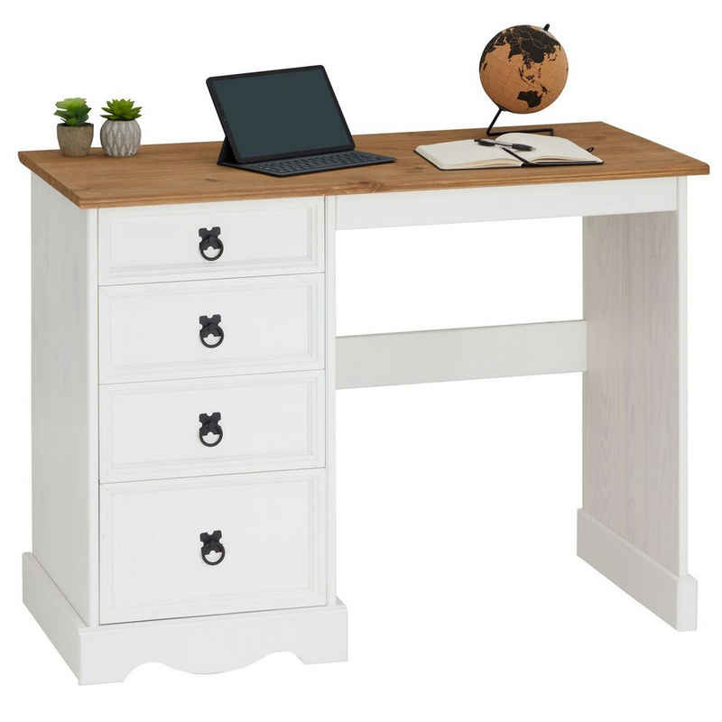 CARO-Möbel Schreibtisch CAMPO, Schreibtisch aus Kiefer Bürotisch mit Schubladen Massivholz Mexiko Lan