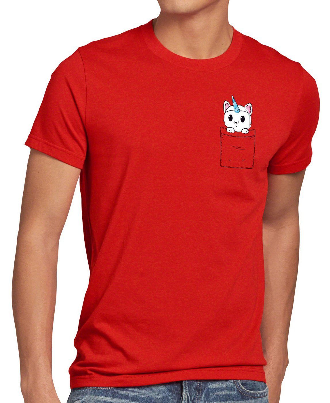 rot Print-Shirt Katze Einhorn Cat Herren T-Shirt Fun style3 tasche Unicorn Brusttasche Pocket lustig