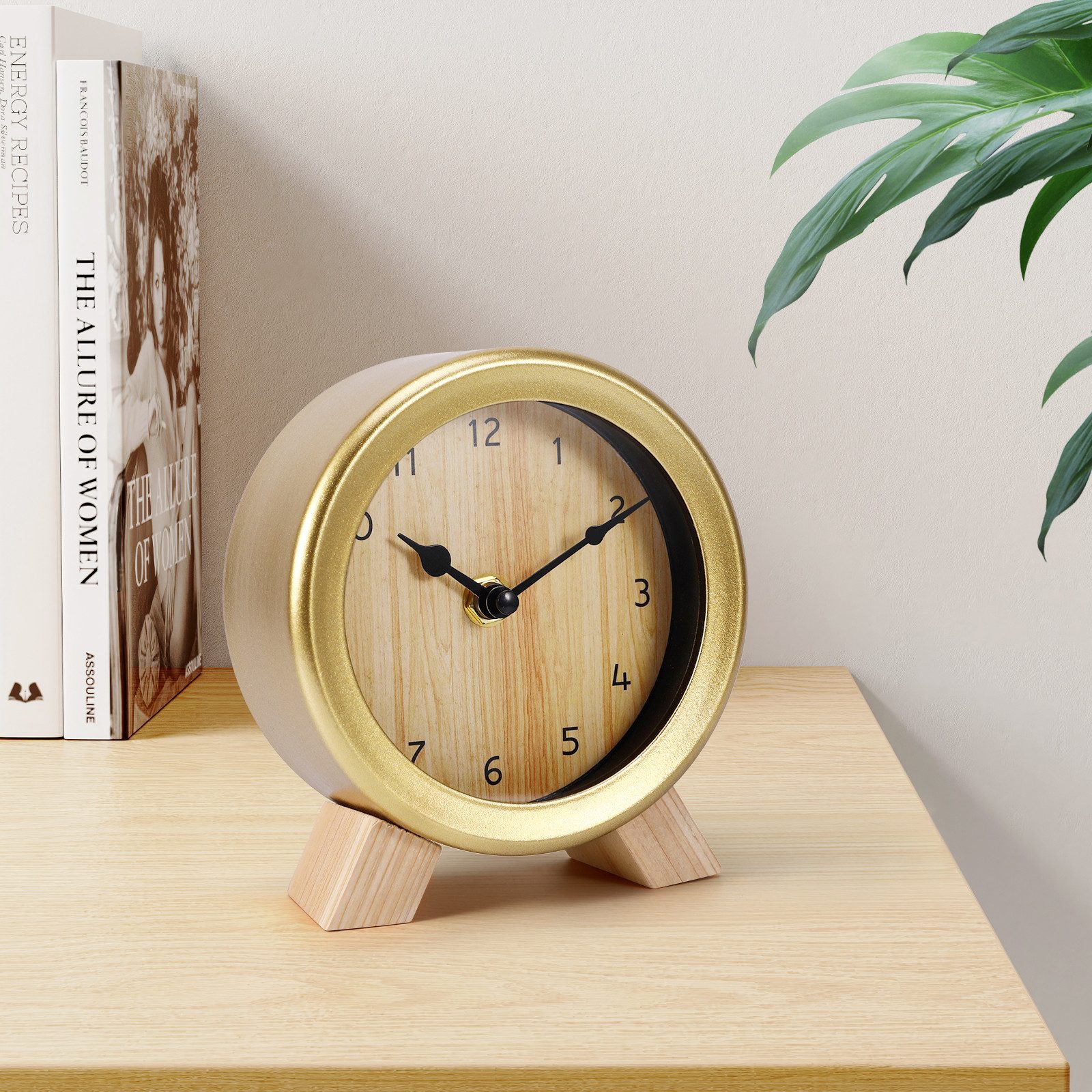 BlingBin Standuhr Analog Tischuhr Rund Aus Holz und Metall - 12,5 x 5,2 x 14cm (1er Set, 1-St., 1 Stück), Deko Tisch Uhr Ohne Ticken mit Holz Ziffernblatt für Schlafzimmer