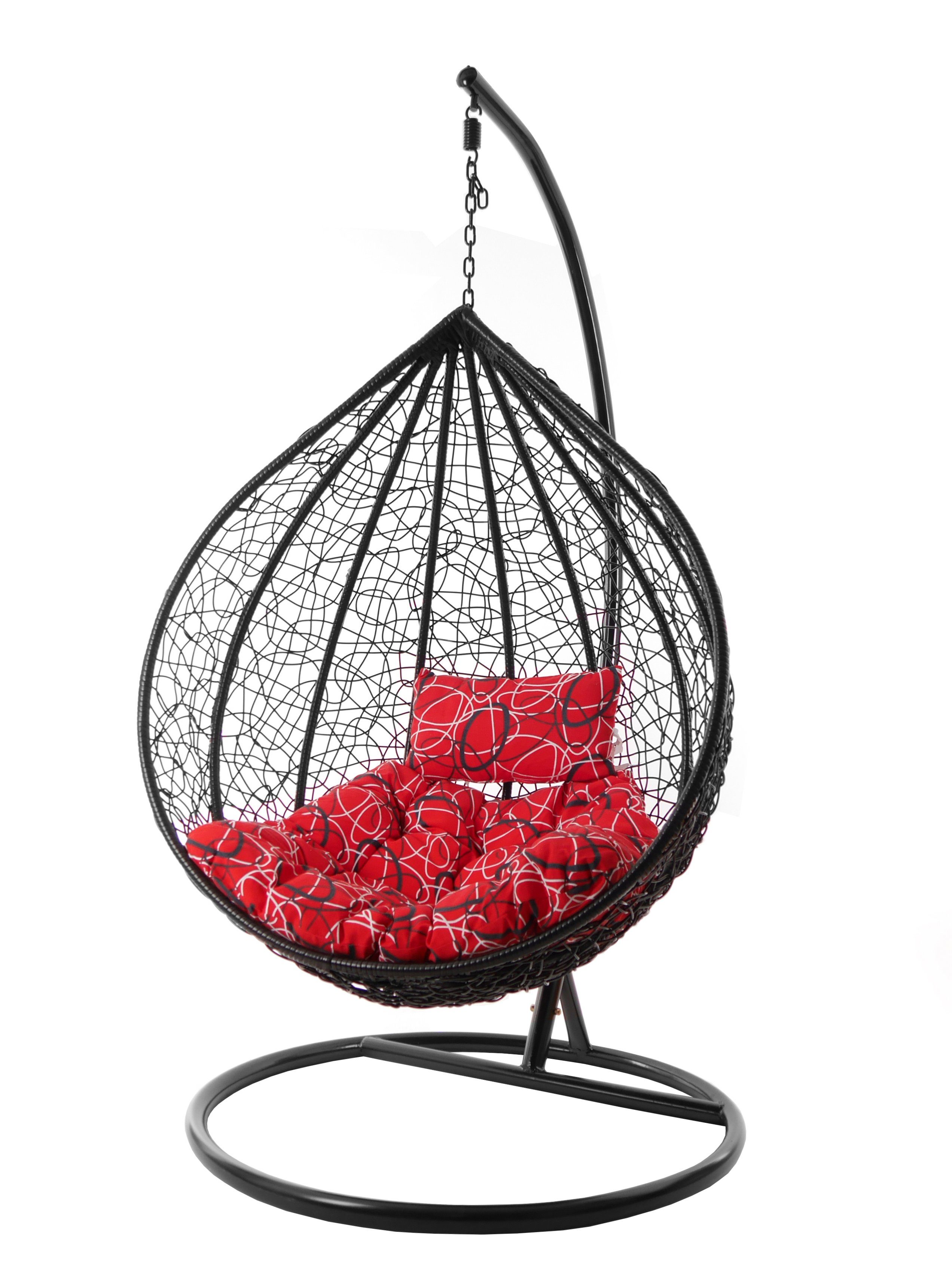 KIDEO Hängesessel Hängesessel MANACOR schwarz, edles schwarz, moderner Swing Chair, Schwebesessel inklusive Gestell und Kissen rot gemustert (3088 red frizzy)
