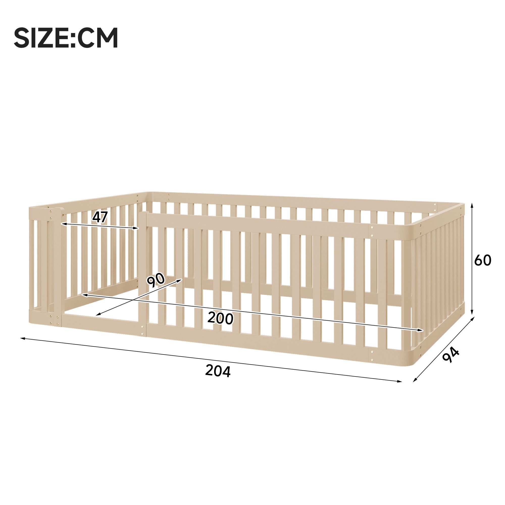 Flieks Kinderbett, Massivholzbett Bodenbett 90x200cm mit Zaun ohne Lattenrost