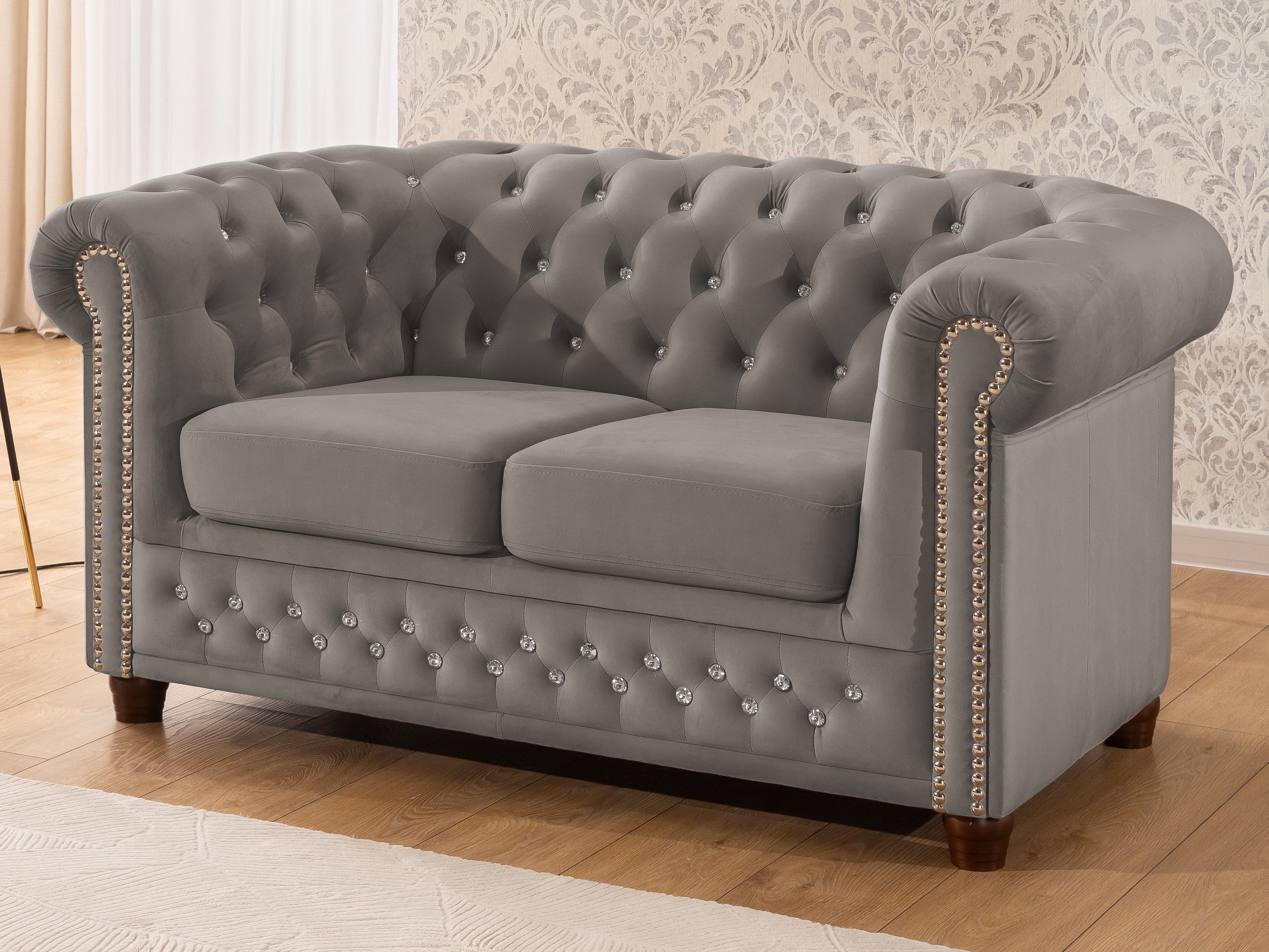 S-Style Möbel Polstergarnitur Chesterfield 3+2+1 Cleo Blink aus Samt mit Kristallsteppung, (1x 3-Sitzer-Sofa, 1x 2-Sitzer-Sofa, 1x Sessel), mit Wellenfederung – Bild 4 von 5