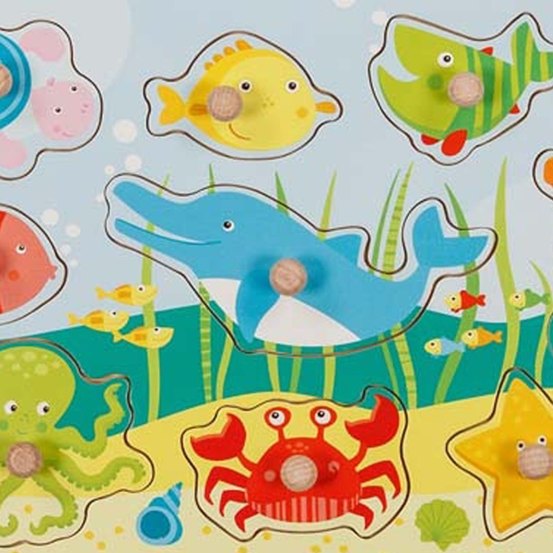 goki Steckpuzzle Steckpuzzle Unterwasserwelt II, 9 Puzzleteile, Mit kindgerechten Holzknöpfen