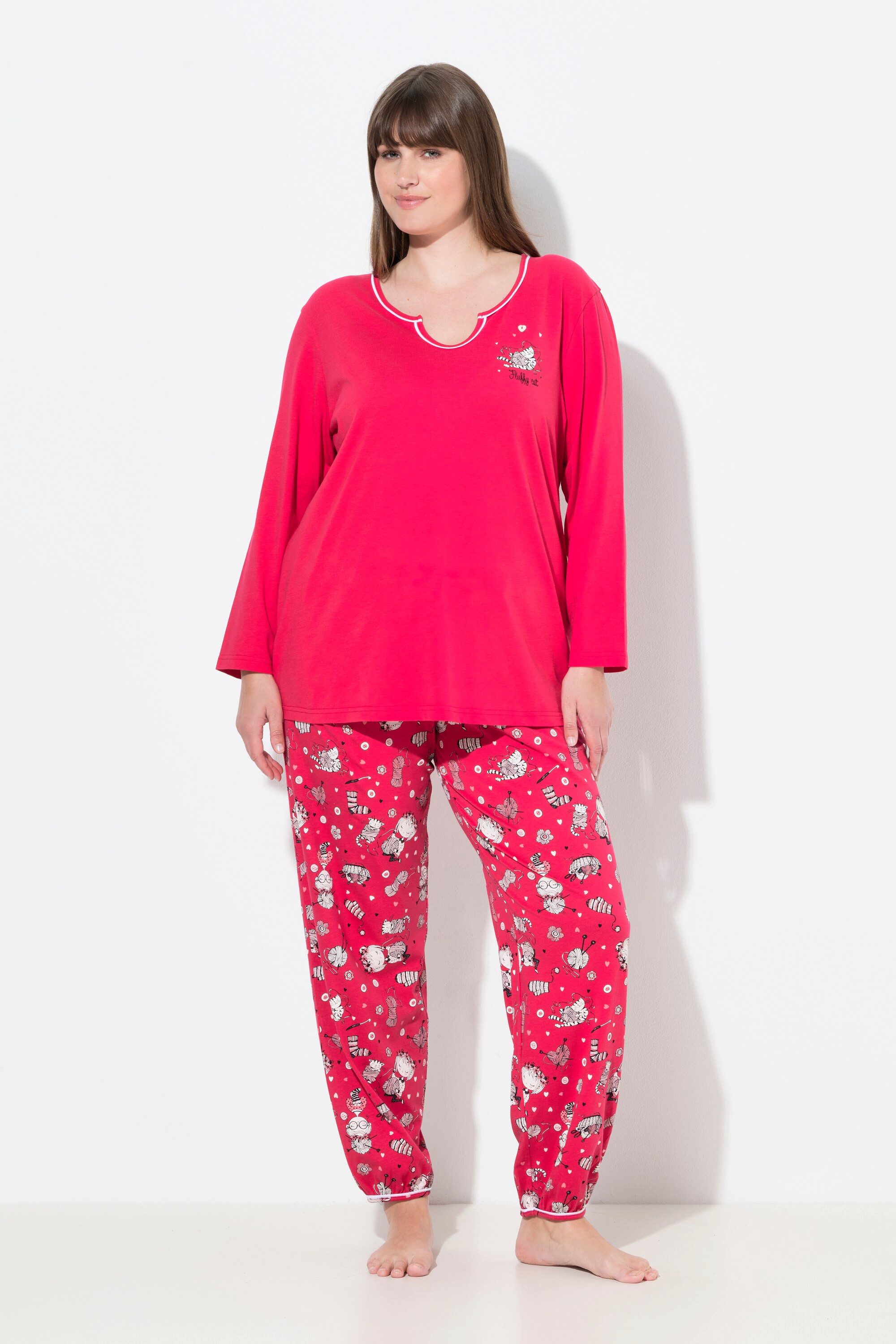 Ulla Popken Pyjama Pyjama Katzen Tunika-Ausschnitt günstig online kaufen