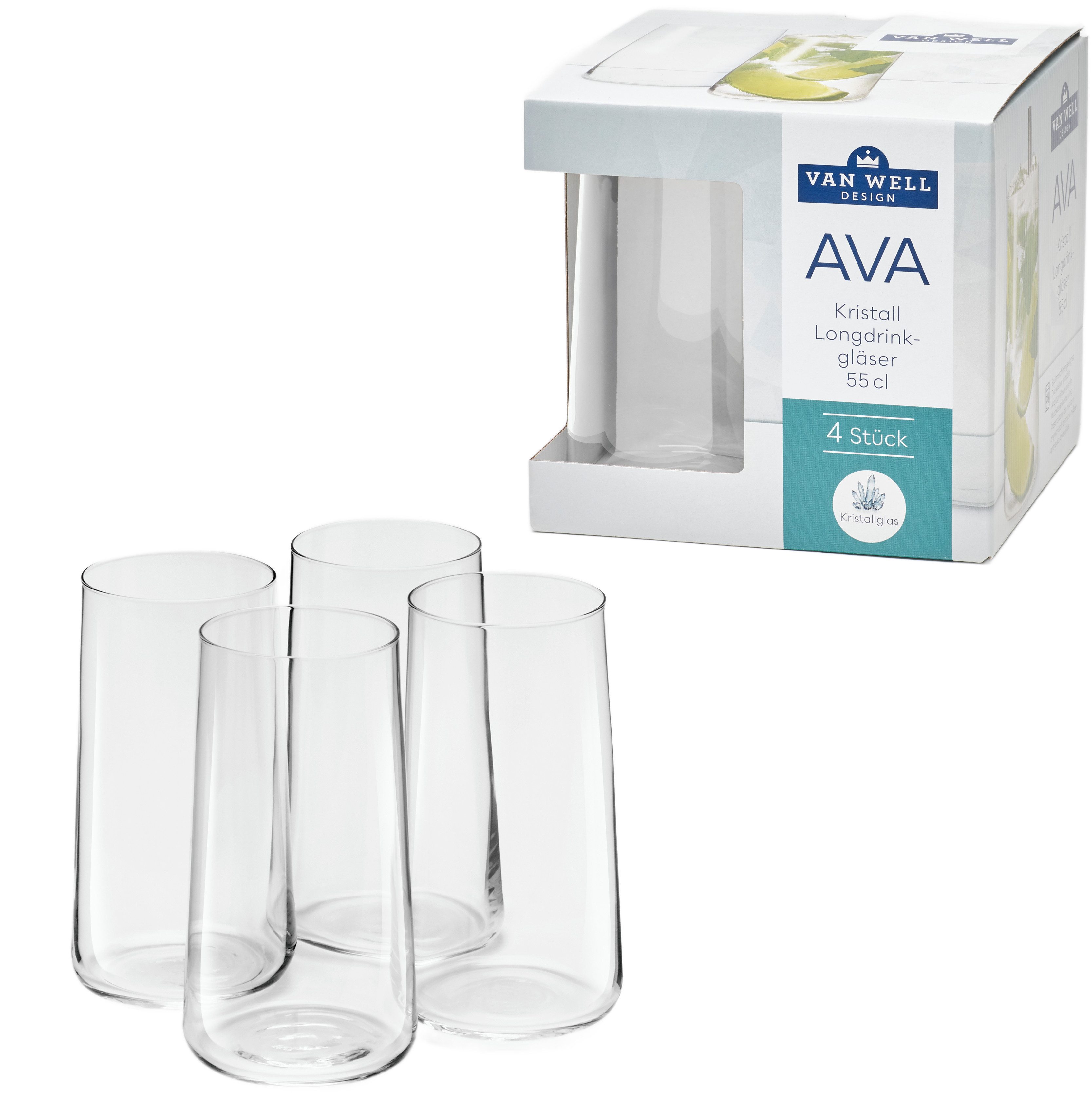van Well Longdrinkglas Ava, Longdrinkgläser 55,0 cl, 4 Stück, 4-tlg., Kristallglas, Geschenkkarton mit Sichtfenster, spülmaschinengeeignet