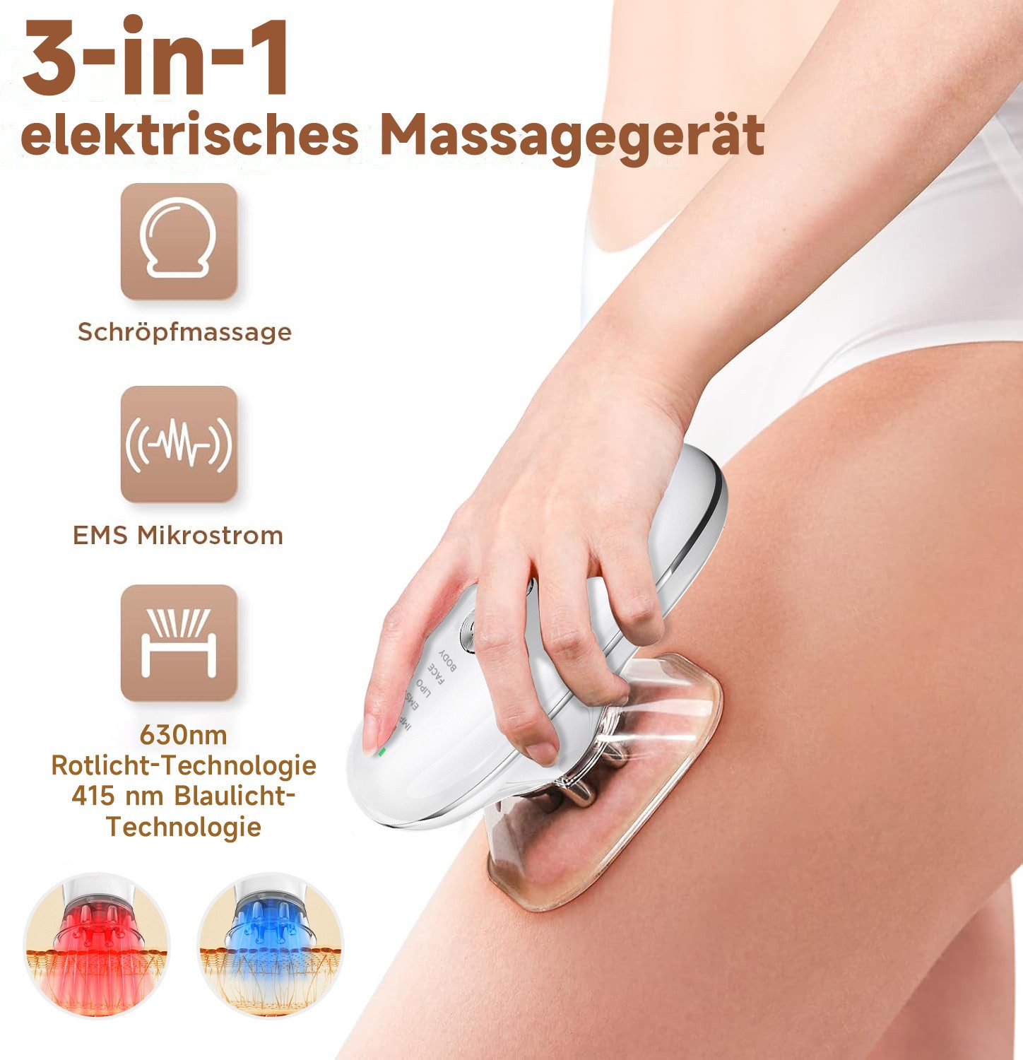 FOSMET Massagegerät 3in1 Gua Sha Schröpfgerät mit EMS sowie Rot- & Blaulicht zur Straffung, Anti-Cellulite Massagegerät mit Lichtwellen für Bauch, Beine,Arme & Po