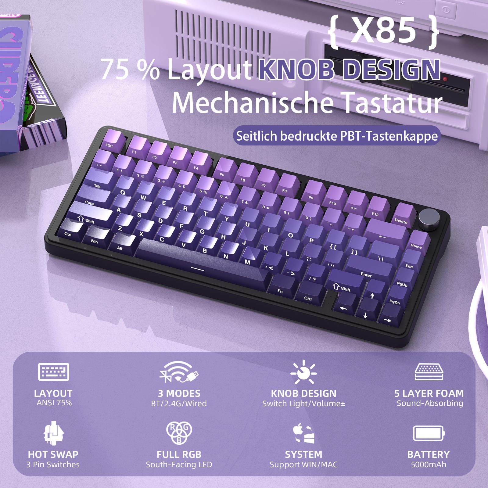 ATTACK SHARK ATTACK SHARK X85 Tri-Mode Gasket Mechanische Tastatur mit Knopf Gaming-Tastatur