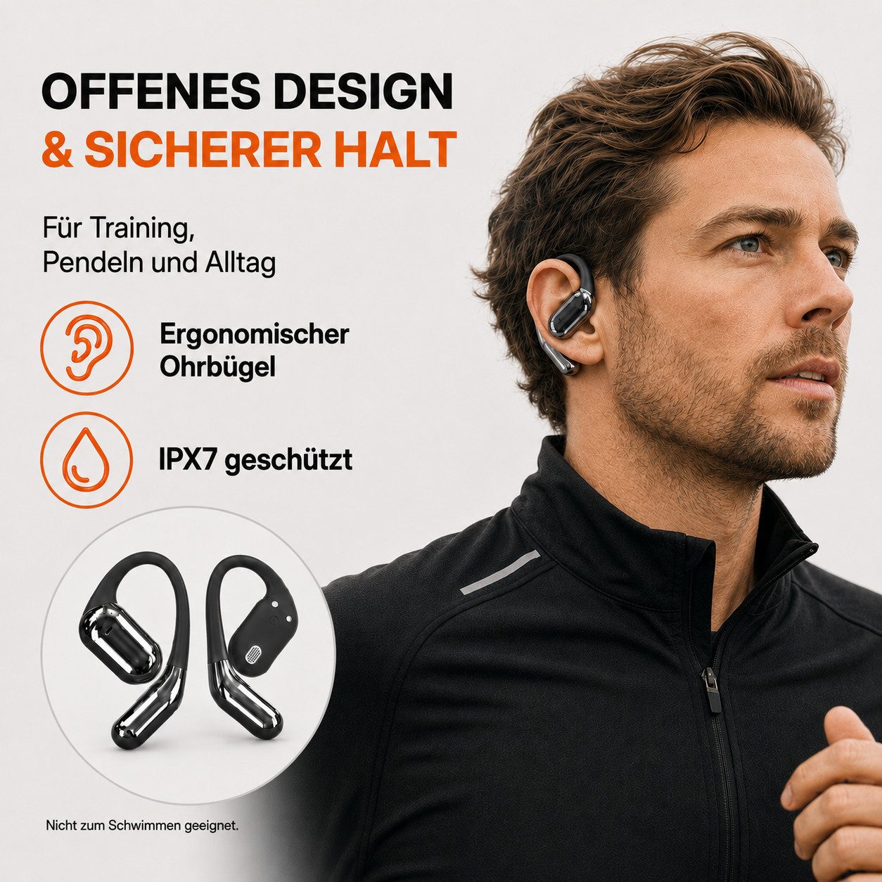 ibettertec Bluetooth Kopfhörer kabellos mit Ohrbügel Open-Ear-Kopfhörer (Sportkopfhörer mit Ohrhaken für Joggen, Fitness, Laufen und Training, 60 Std. Laufzeit, – Bild 3 von 5