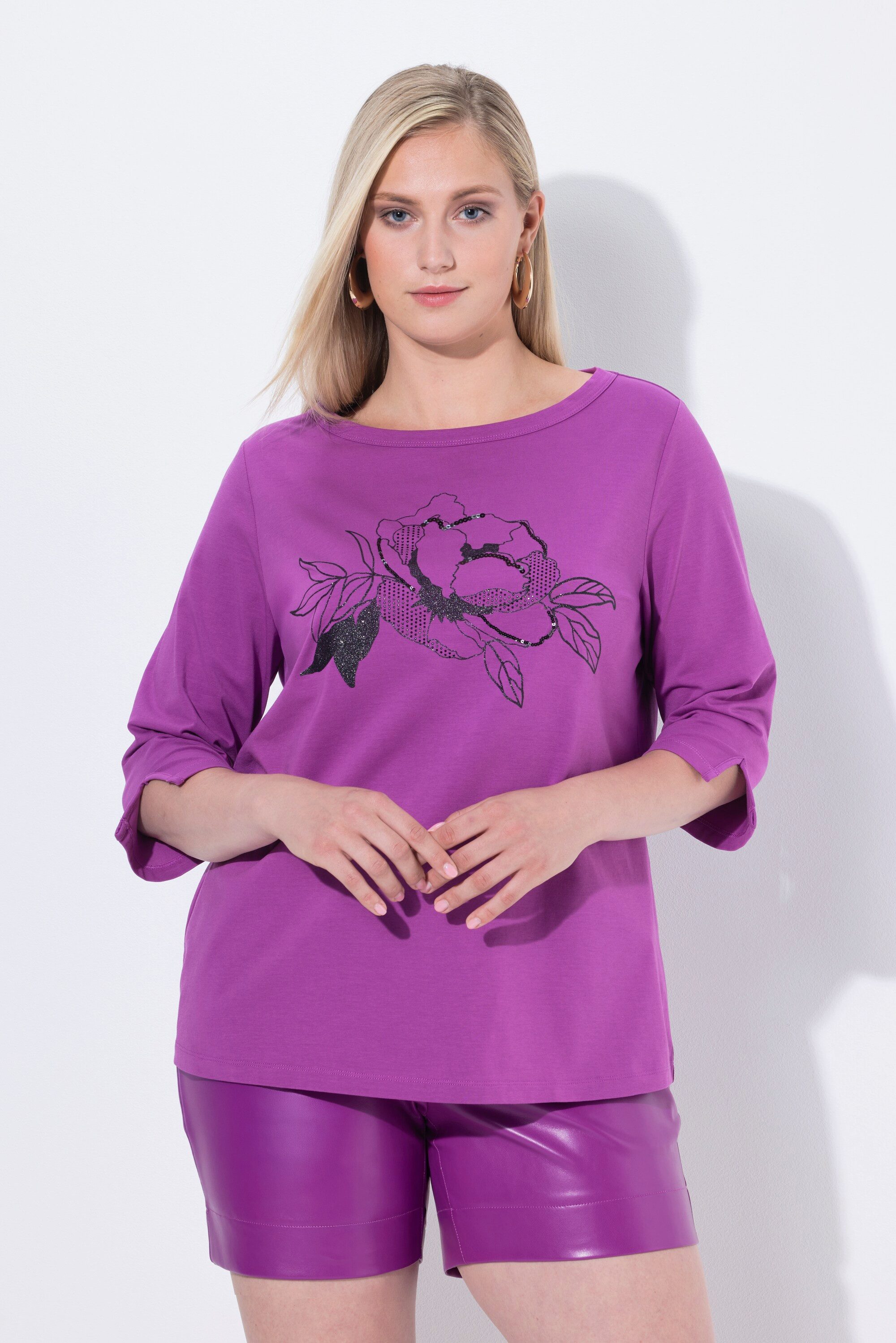 Ulla Popken Longsleeve Shirt Blüte U-Boot-Ausschnitt Langarm günstig online kaufen