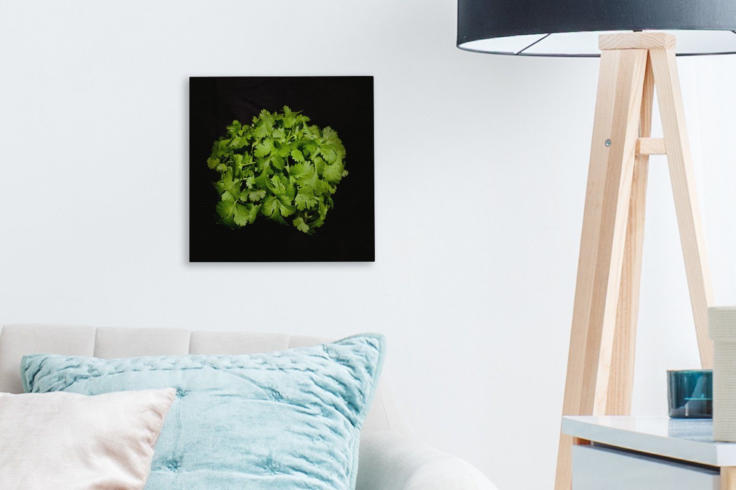 Farbe leuchtend (1 seine einem St), schwarzen, und Schlafzimmer Leinwand Wohnzimmer Leinwandbild für vor Koriander grüne Bilder OneMillionCanvasses®