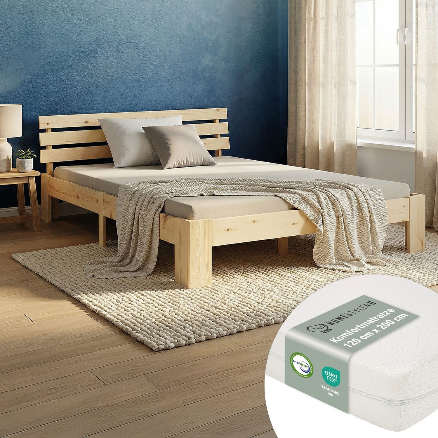 Homestyle4u Holzbett 120x200 Doppelbett Bettgestell Massiv Braun mit Kopfteil (Komplett-Set mit Lattenrost, Matratze mit OEKO-TEX® Standard 100), Kiefer