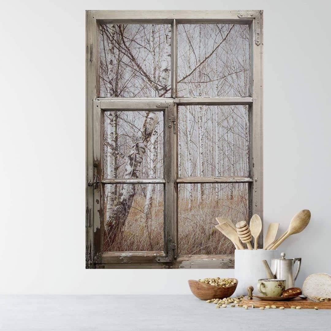 3D Shabby K&L Wandtattoo selbstklebend Aufkleber Wandtattoo Wall Birkenwald, Holzfenster Art Landhaus Wandbild Chic Fenster Wasinger