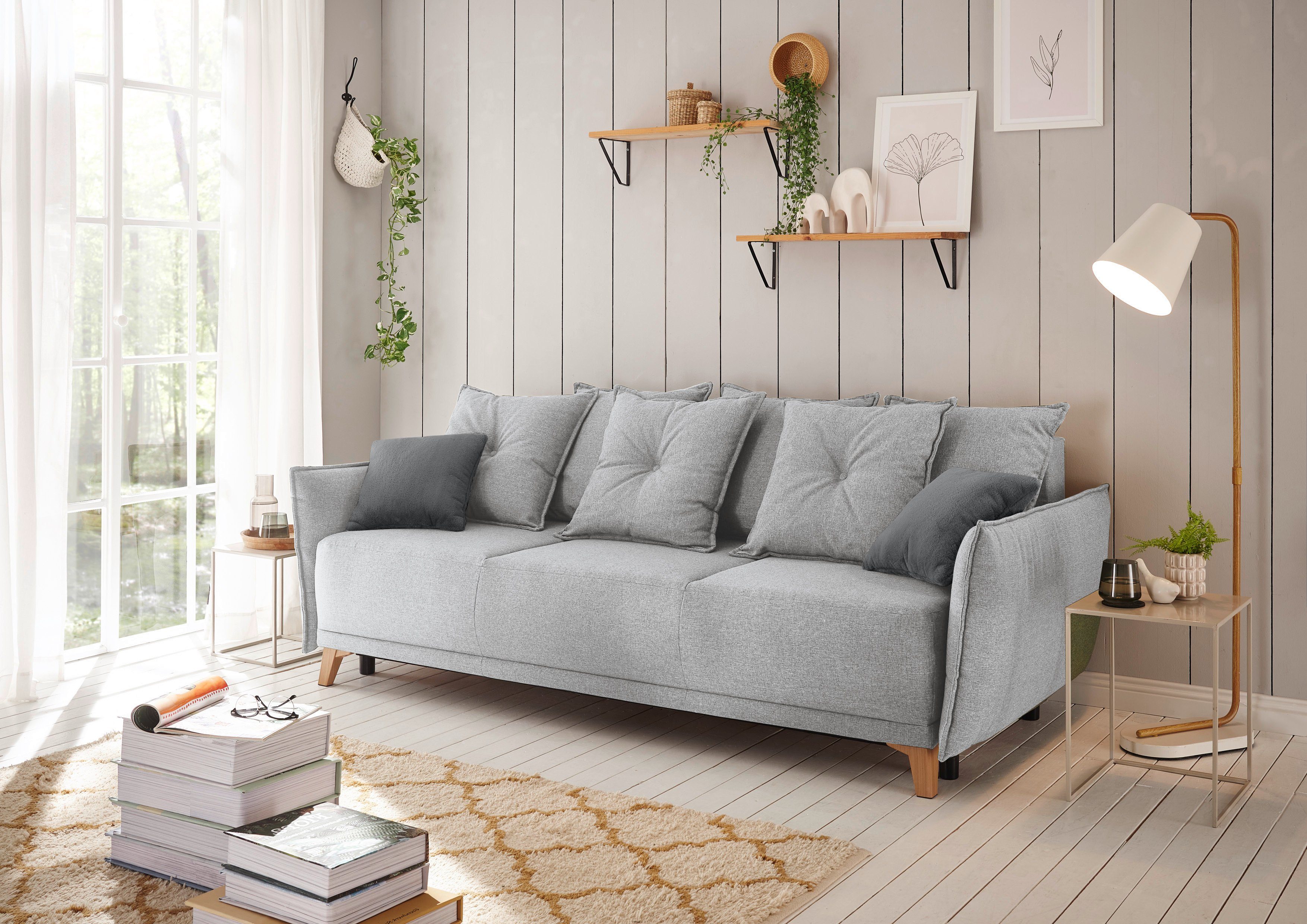 Zierkissen, silver/Zierkissen und Lapit Rücken- DESIGN Schlafsofa Pamplona, EXCITING frei 16 im mit Bettfunktion, 16 Bettkasten, Raum grau/Denver ED anthrazit