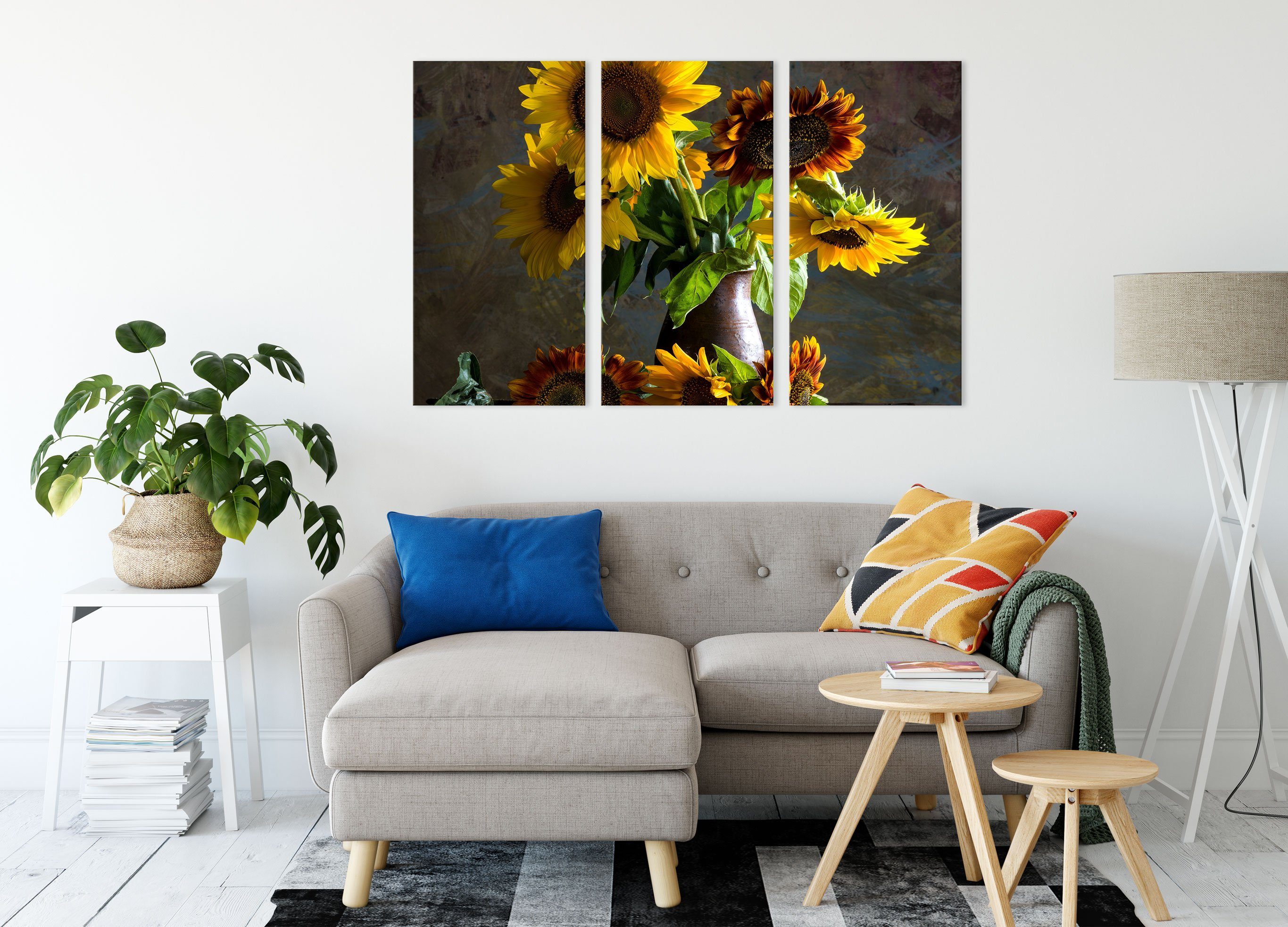 Pixxprint Leinwandbild Sonnenblumen Vase St), fertig 3Teiler (1 Leinwandbild in inkl. Vase, Sonnenblumen (120x80cm) edler Zackenaufhänger in bespannt, edler