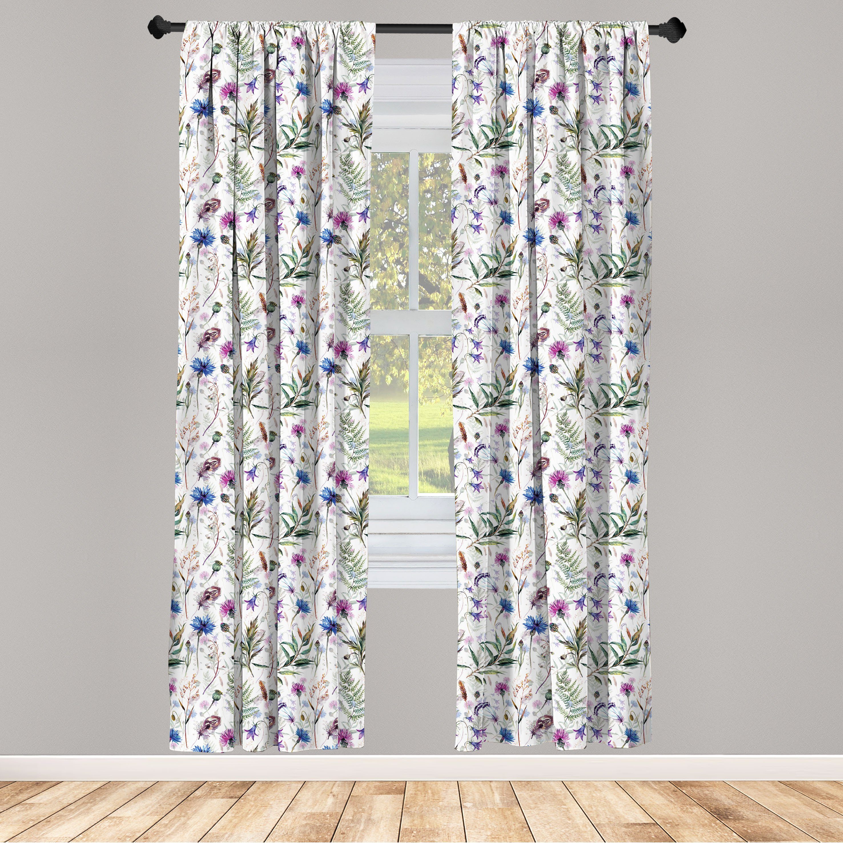 Gardine Vorhang für Abakuhaus, Dekor, Distel Aquarell-Wildblumen Microfaser, Wohnzimmer Schlafzimmer