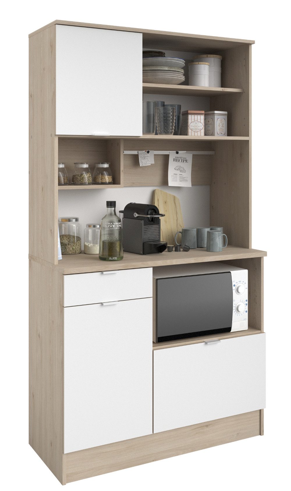 Parisot Küchenbuffet SoCool (Buffet in Eiche und weiß, Single-Küche 100 x 184 cm) viel Stauraum und große Arbeitsfläche