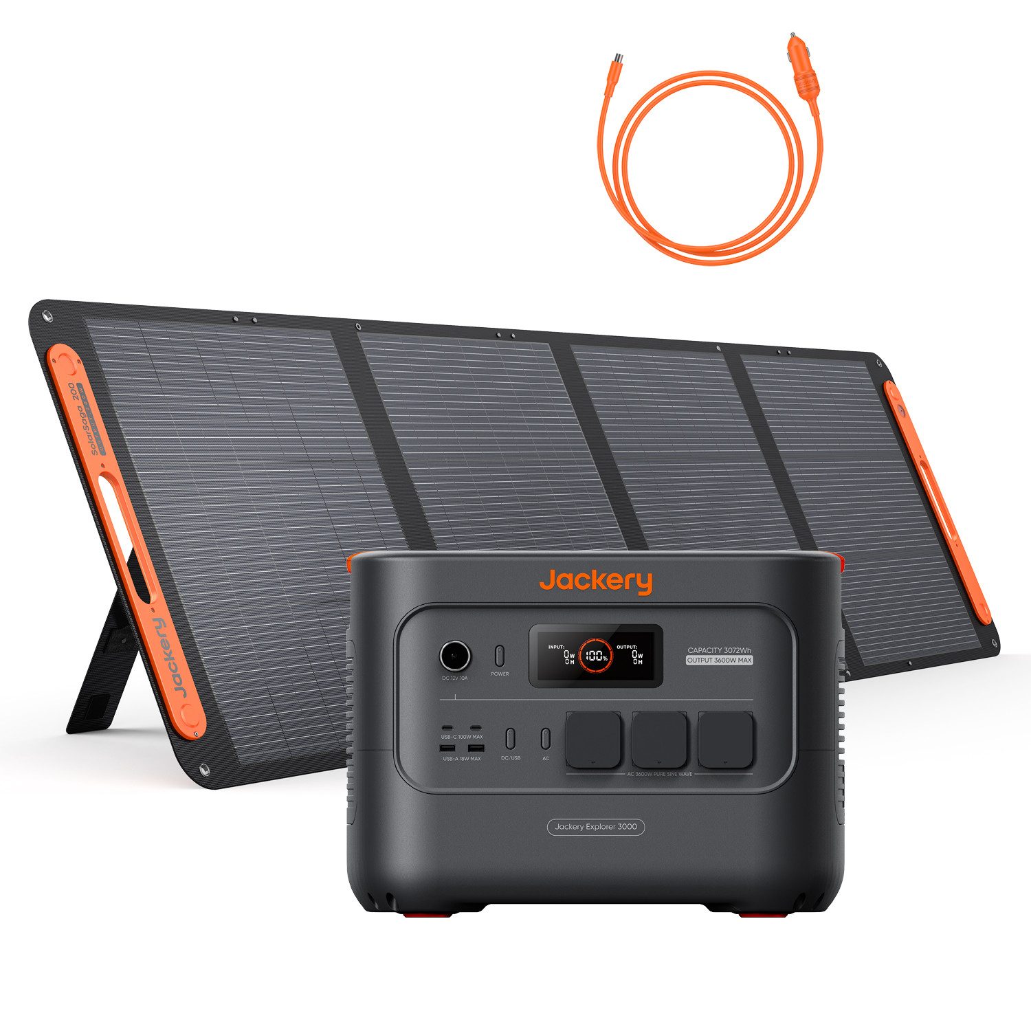 Jackery Stromerzeuger E3000 v2 mit 200W mit Kabel, 3072Wh/3600W tragbare Powerstation, 7,2 in kW, mit Kfz-Ladekabel für Notstrom, Camping, Wohnmobil & Haushalt