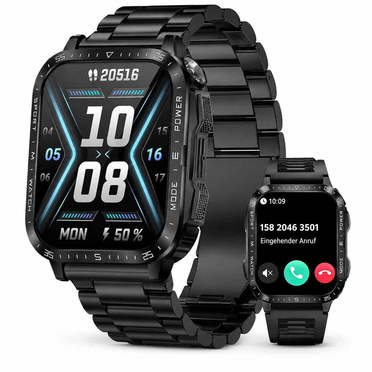 Toomoke Outdoor Herren Fitnessuhr mit Telefonfunktion Smartwatch (4,98 cm) Bluetooth 5.3, LED-Taschenlampe, 3 ATM, Silikon- und Edelstahlarmband, magnetisches Ladekabel, stoßfest, staubdicht