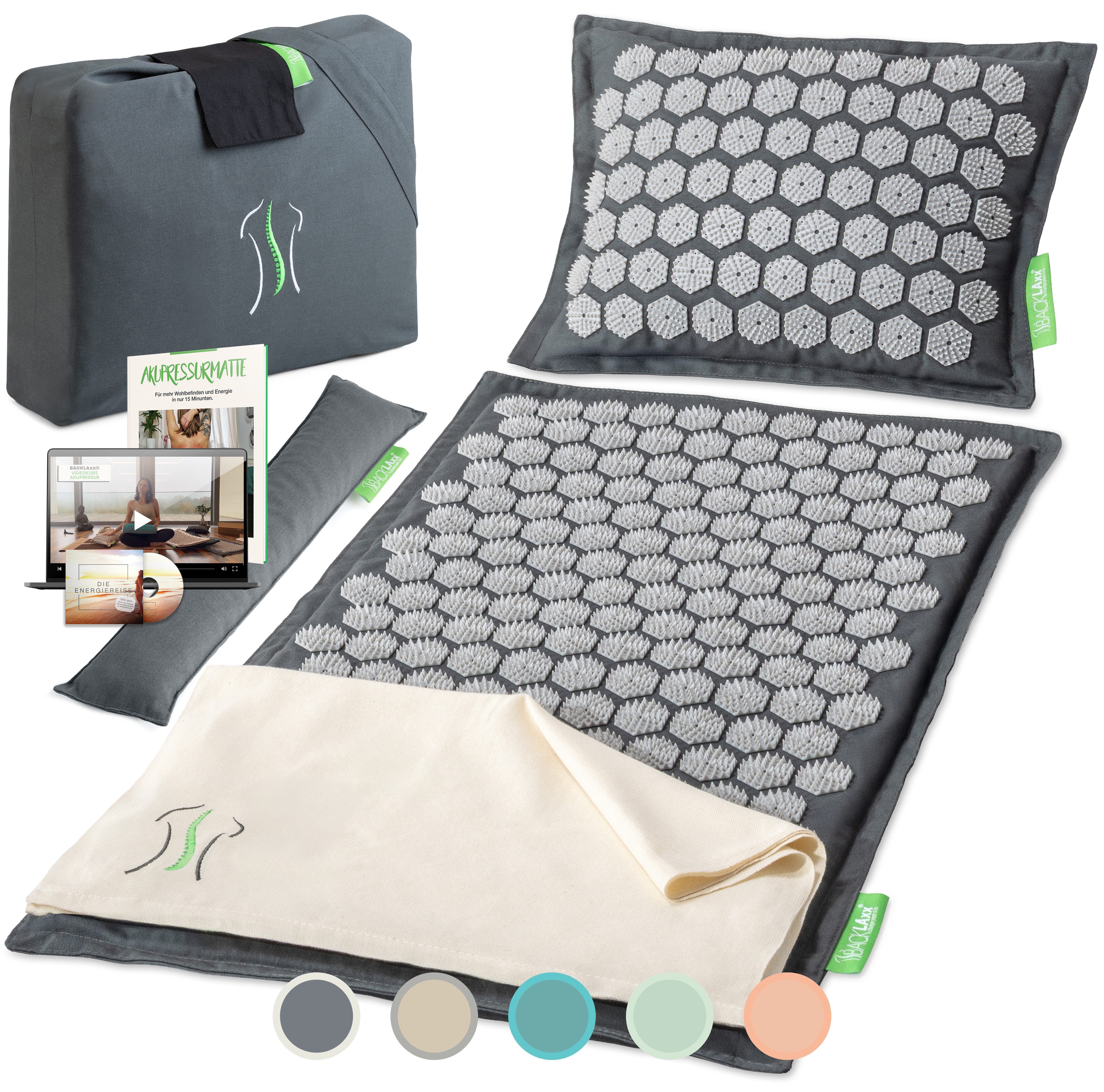 BACKLAxx® Akupressurmatte Set "Original" - Akupunkturmatte mit Stacheln (5-tlg. Akupressur Set, inkl. Akupressurmatte - & Kissen, Lendenkissen, Tragetasche & Tuch), Matte mit 9.600 Spitzen, Kissen mit 3.168 Spitzen