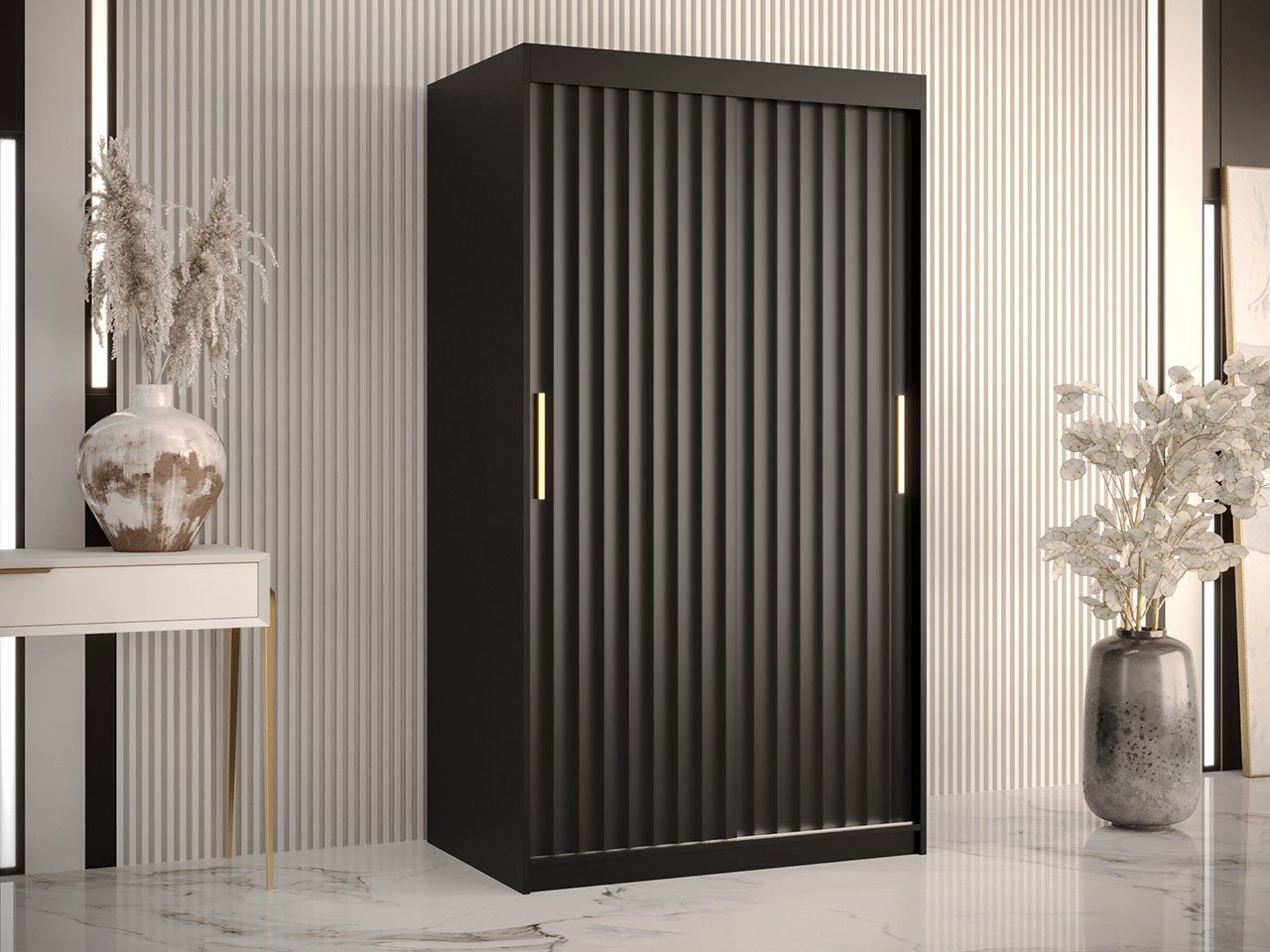 Mirjan24 Kleiderschrank Riflo Wave 1 (mit 2 oder 3 Schiebetüren) 100/180/250 cm, zwei Kleiderstangen Schwarz