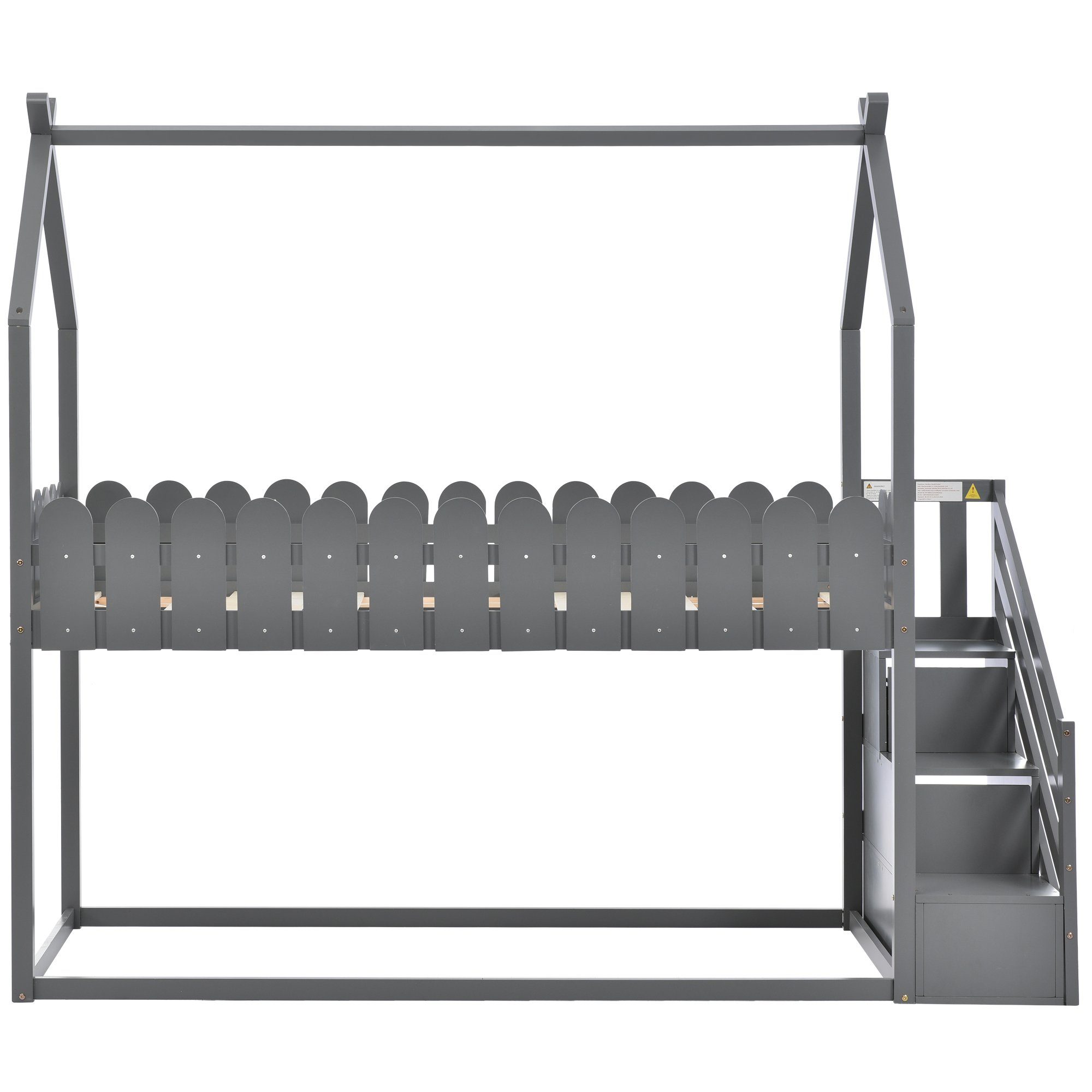 Etagenbett (Hochbett 90x200 mit zwei Schubladen), Kinderbett Hausbett mit Treppe, Rausfallschutz und Lattenrost, Kiefer