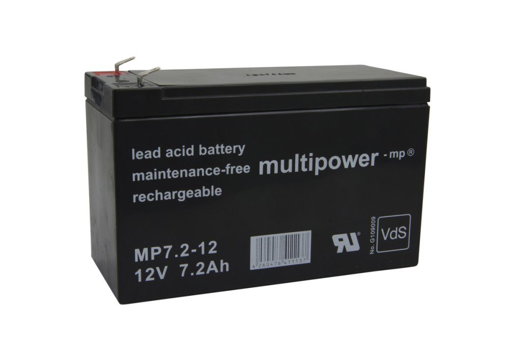 Multipower Bleiakkus (12 V), Blei-Akku Multipower MP7.2-12, 10-Jahres-Batterie, Wartungsfrei, mit VDS-Zulassung, 12 Volt, 7,2 Ah