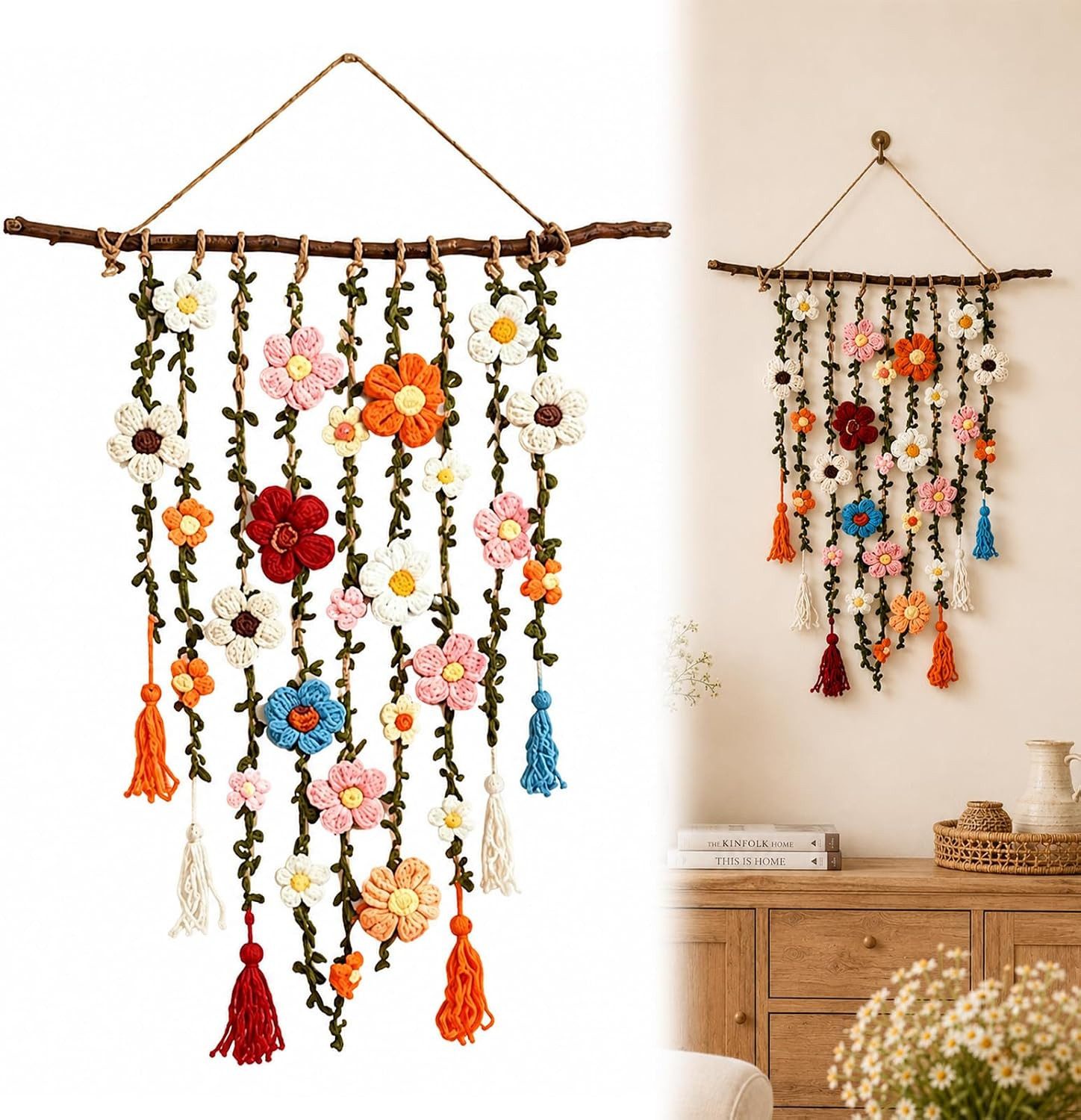 Diwzbyn Dekohänger Makramee-Wandbehang Gehäkeltes Blumendekor, Boho-Wandkunst Dekoration, für Schlafzimmer, Wohnzimmer, Flur, Büro, Café