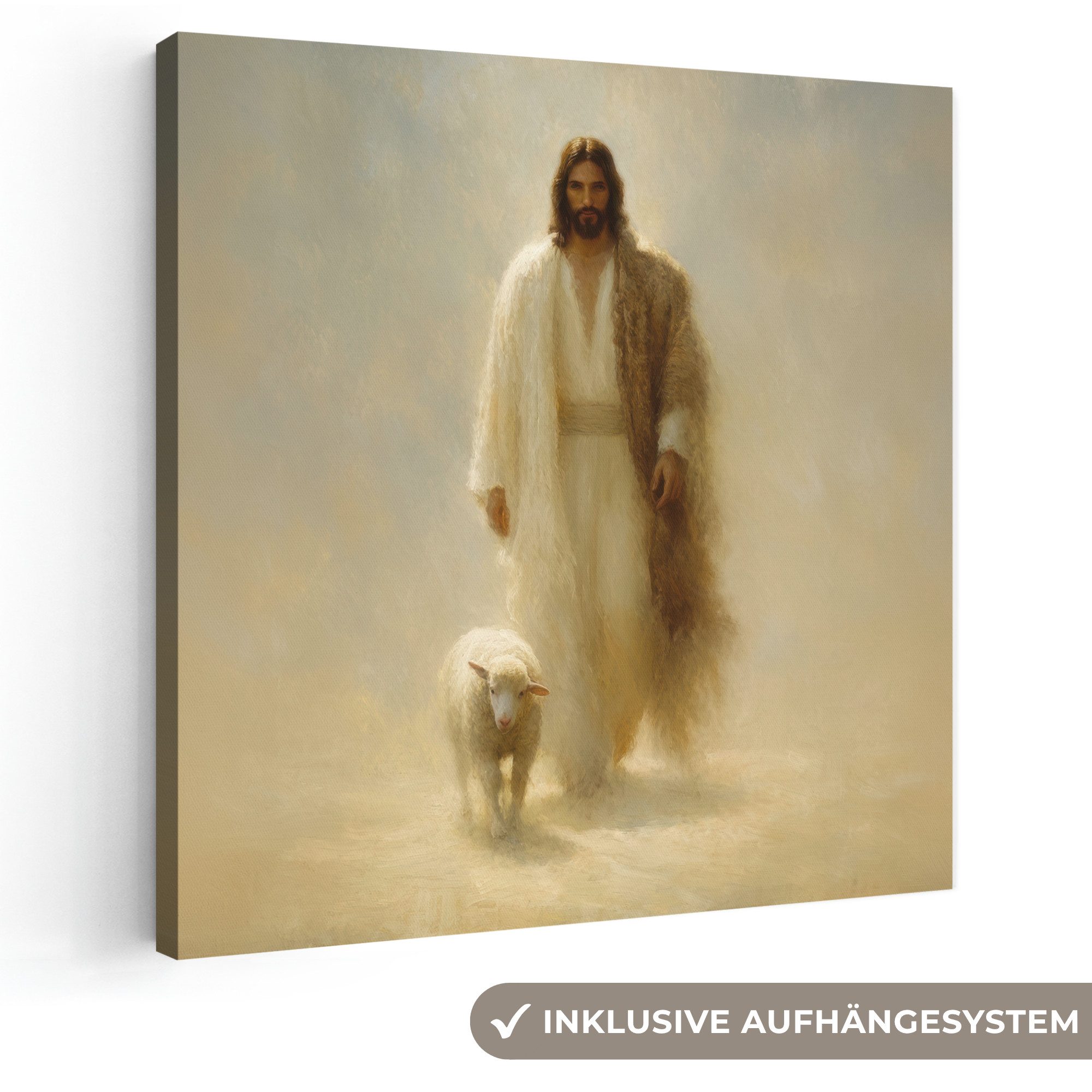 OneMillionCanvasses® Leinwandbild Schaf - Jesus - Pinselstriche - Abstrakt, Fotodruck (1 St), Wandbild, Deko Schlafzimmer Wohnzimmer Flur 20x20 cm