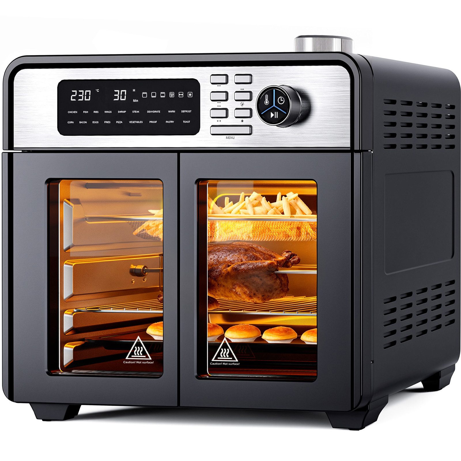 Rebonique Heißluftfritteuse XXL 28L mit Doppeltür & Sichtfenster, 1700 W, 18 Programme, Ohne Öl Gesundes Kochen, Pizza, Grill & Backofen